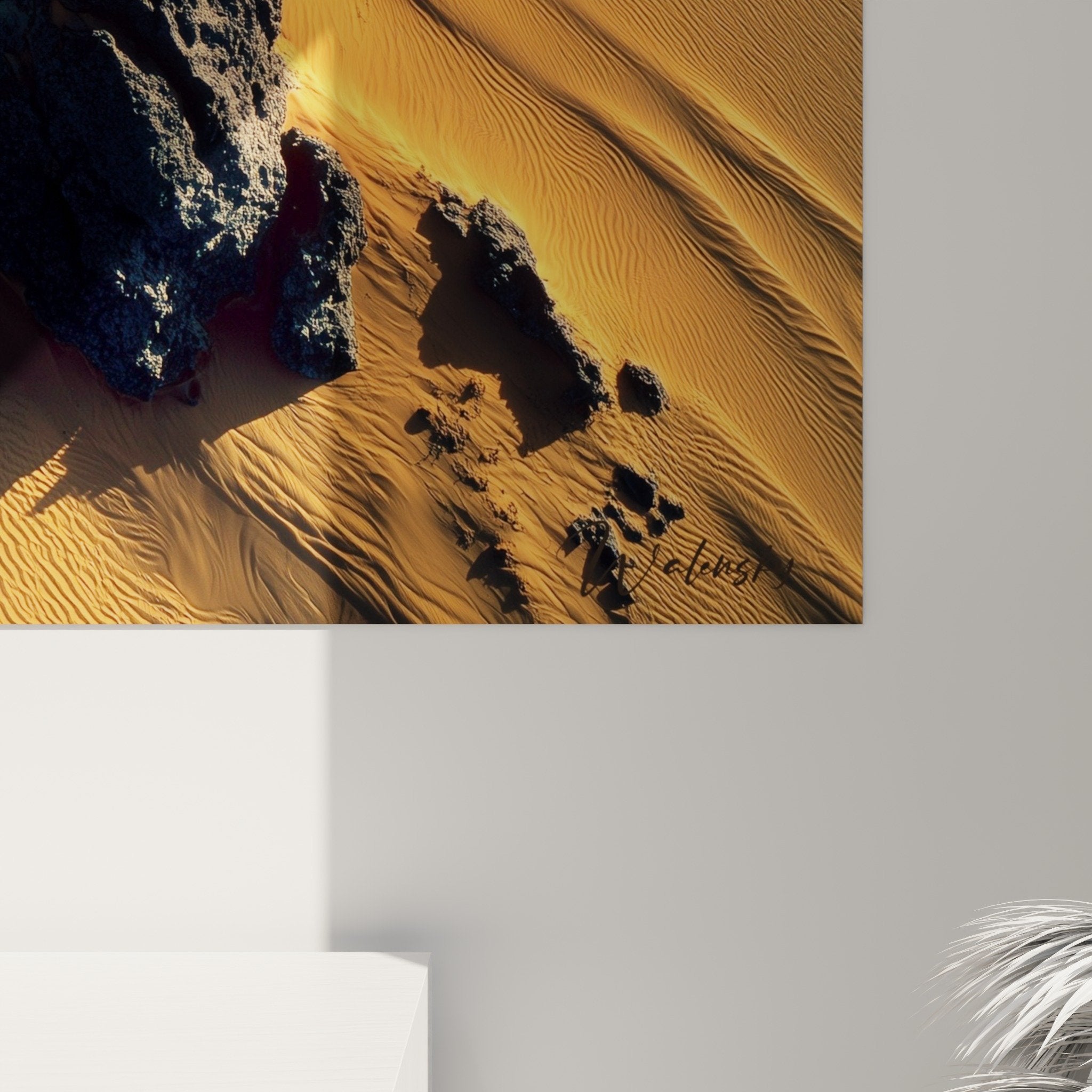 Full view desert wall art painting rocks sand natural lighting display