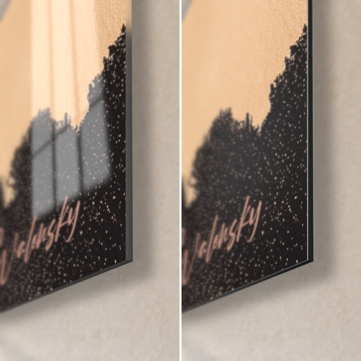 Gemälde Dobermann schwarz vor lachsfarbenem Himmel, unten rechts Signatur in Rosa, 3 mm Kante, glänzendes Glas und mattes Dibond
