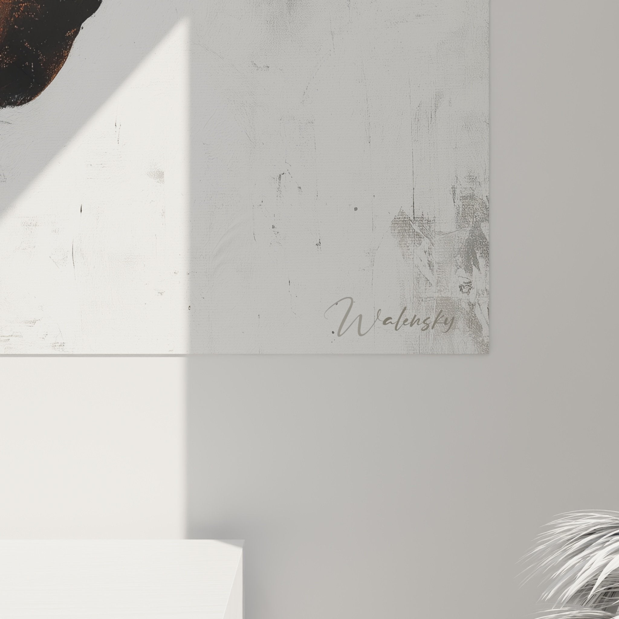 Vue ensemble tableau doberman portrait artistique tons ocre bleus decoration murale moderne