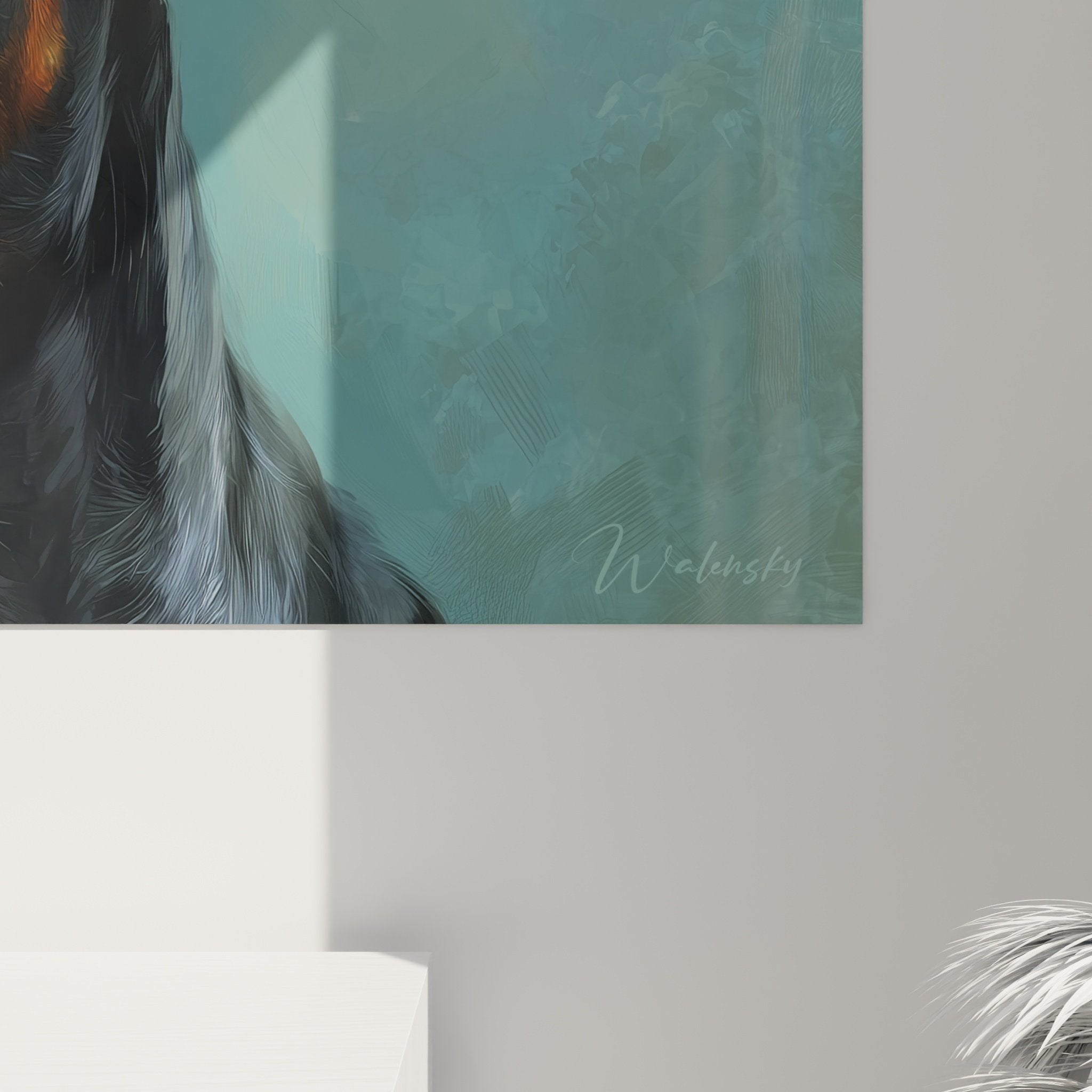 Vista d'insieme quadro ritratto doberman nero fuoco salotto decorazione murale elegante contemporanea