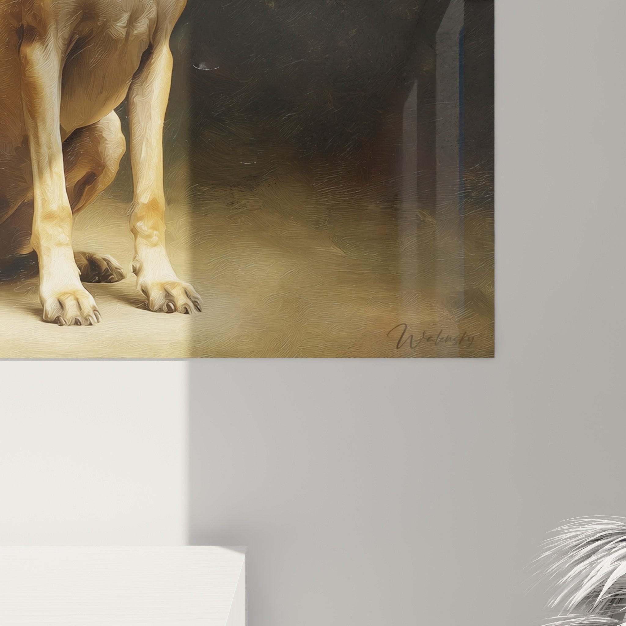 Gesamtansicht Gemälde Deutsche Dogge sitzend majestätisch künstlerische Komposition natürliche Töne harmonische goldene Farbabstimmung