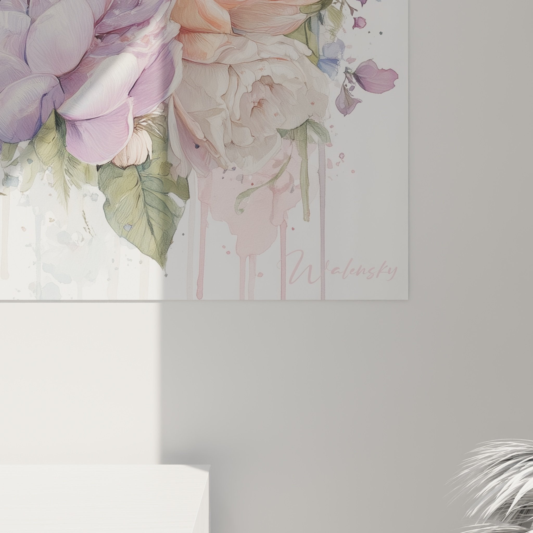 Gesamtansicht Gemälde Deutscher Dogge Blüten Pastell modernes Wohnzimmer Wanddekoration zeitgenössische Tierkunst