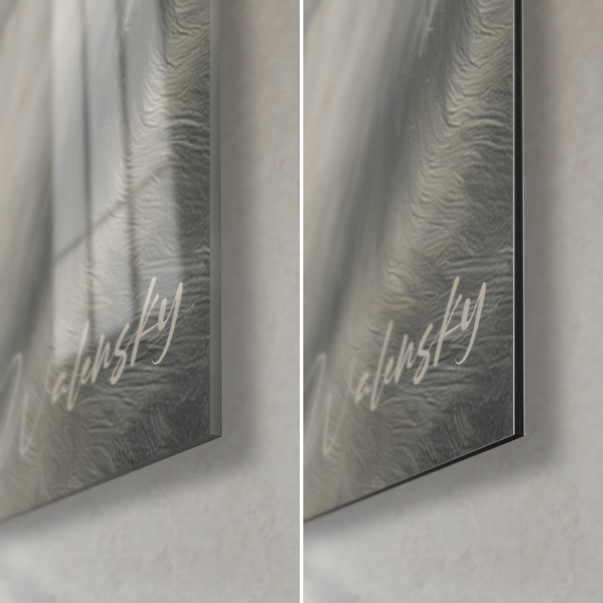 Wall art white dog with a pearly coat, bottom right corner: glossy acrylic glass on the left, matte grey Dibond on the right, black edge