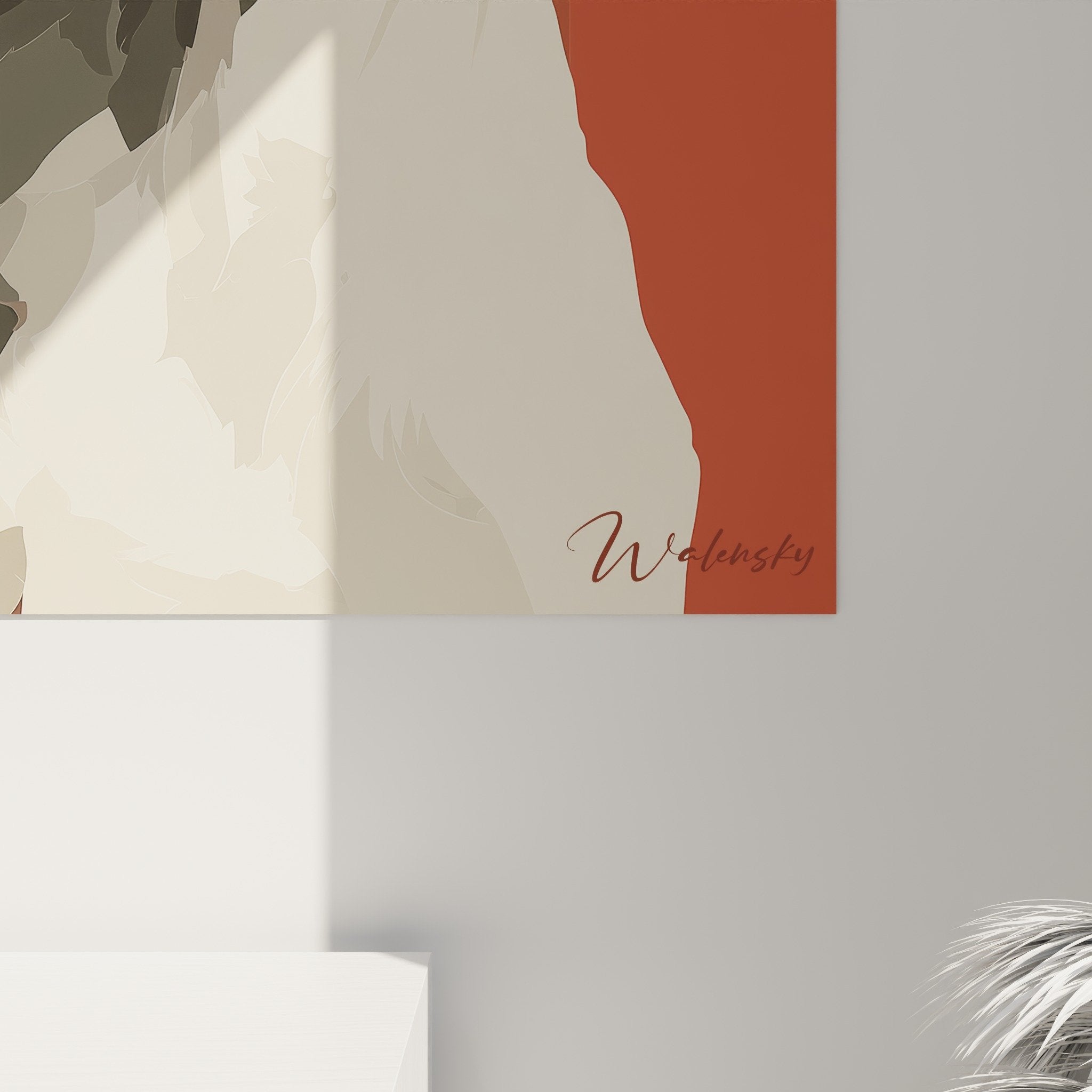Vue perspective tableau mural dogue argentin fond corail decoration interieur moderne
