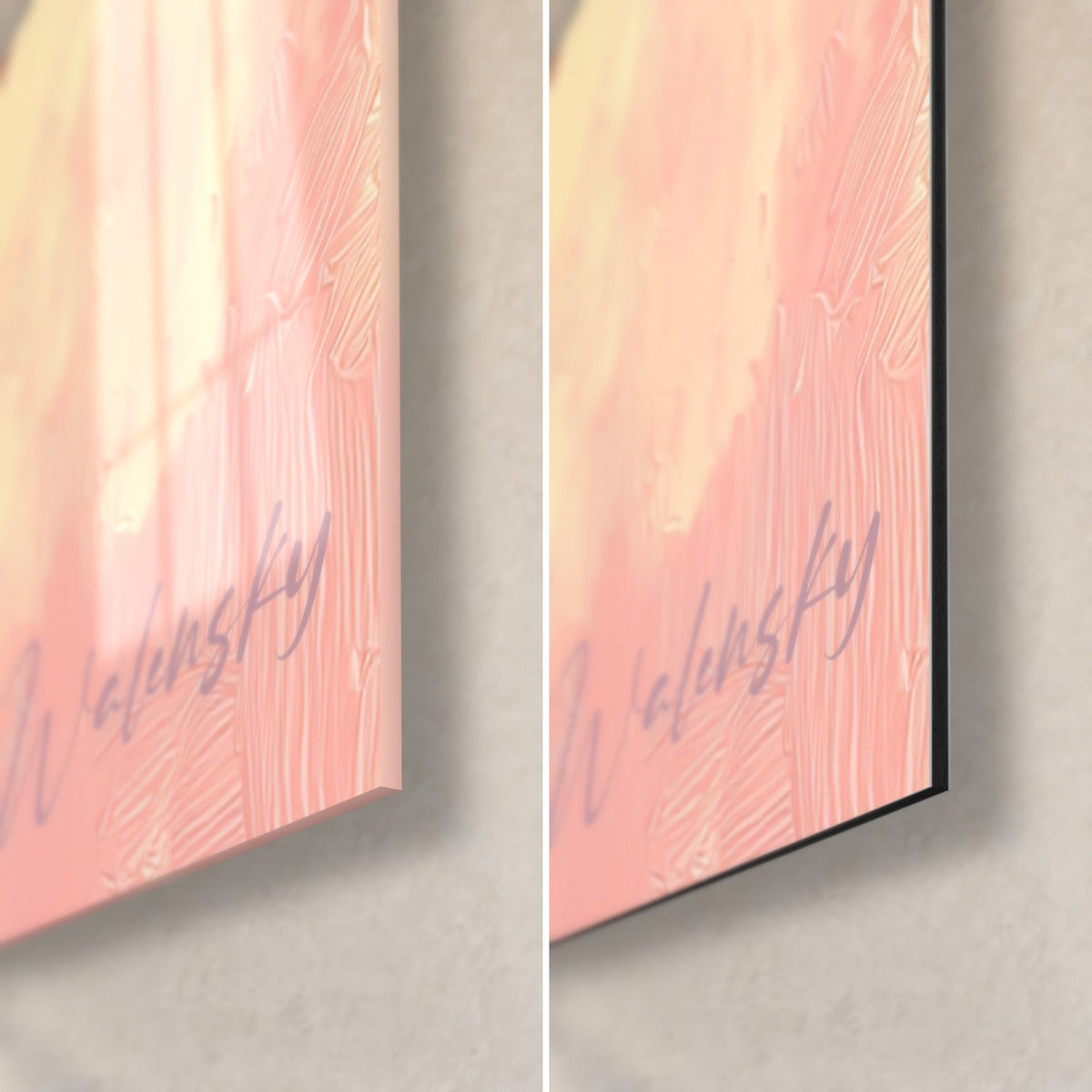Wall art tawny brown dog lying down, pink Walensky signature on salmon background, glossy glass corner and 3 mm matte black Dibond