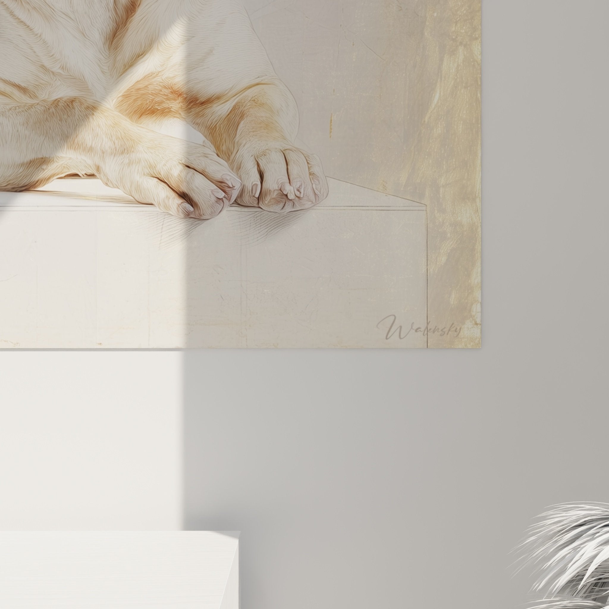 Gesamtansicht Bordeaux-Doggen-Gemälde in Creme- und Goldtönen an Wohnzimmerwand, raffinierte Dekoration