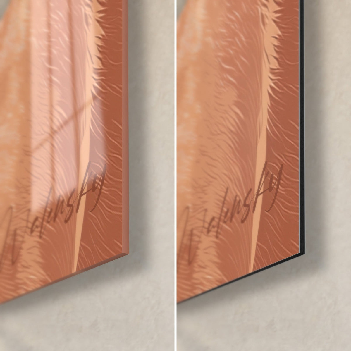 Wall art mastiff with a coppery coat, bottom right corner: glossy acrylic glass on the left, matte black Dibond aluminium on the right, Walensky signature
