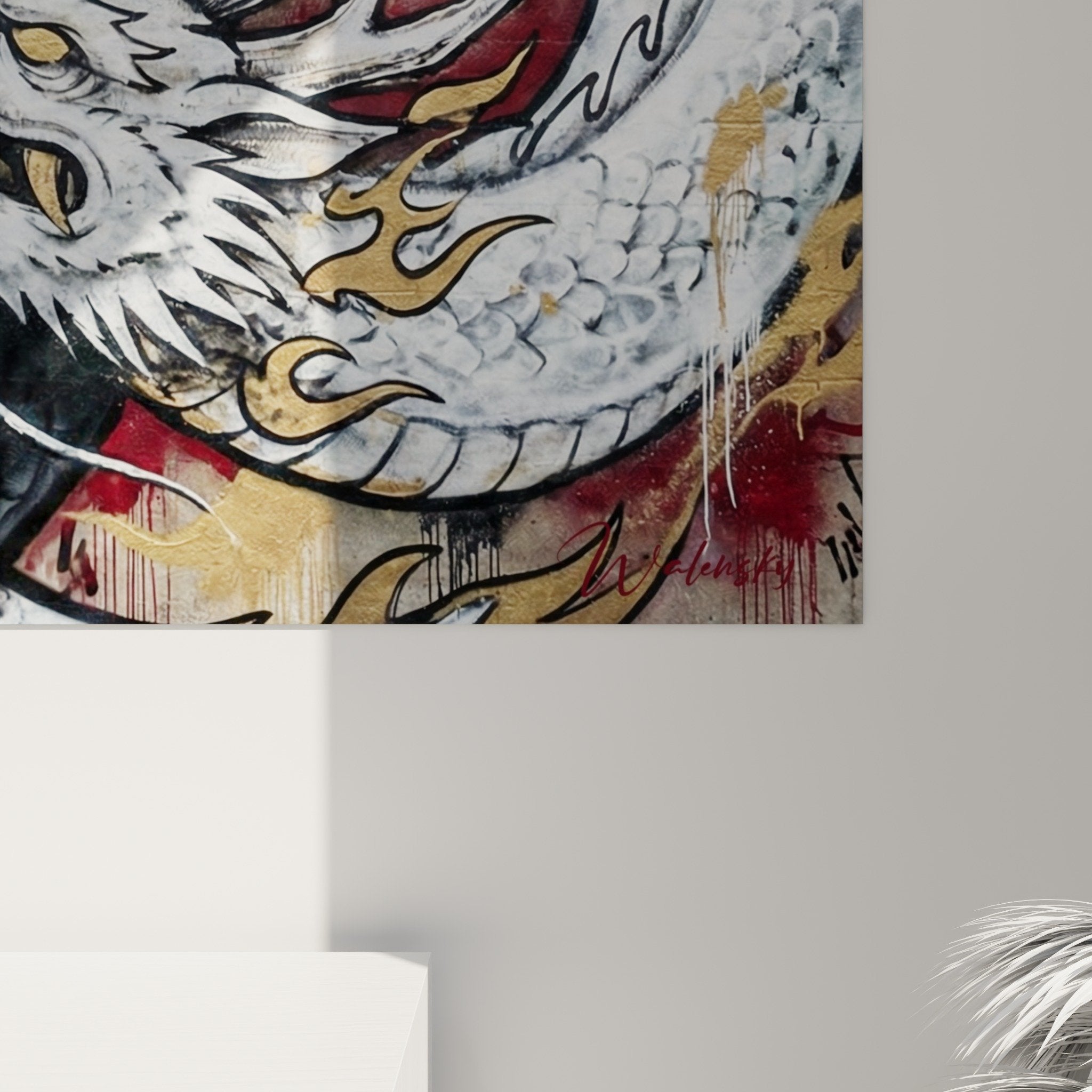Gesamtansicht Drachenbild Dualität Wanddekoration modernes Wohnzimmer industrieller Stil Wandkunst