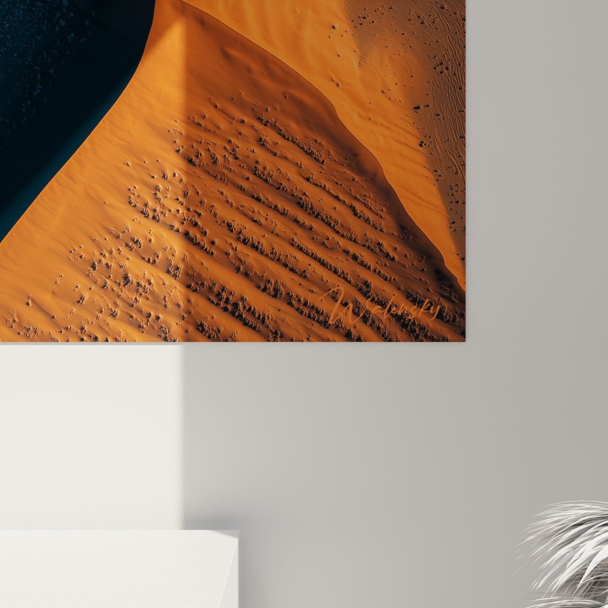 Full view abstract dunes painting orange blue wall art feng shui northeast earth