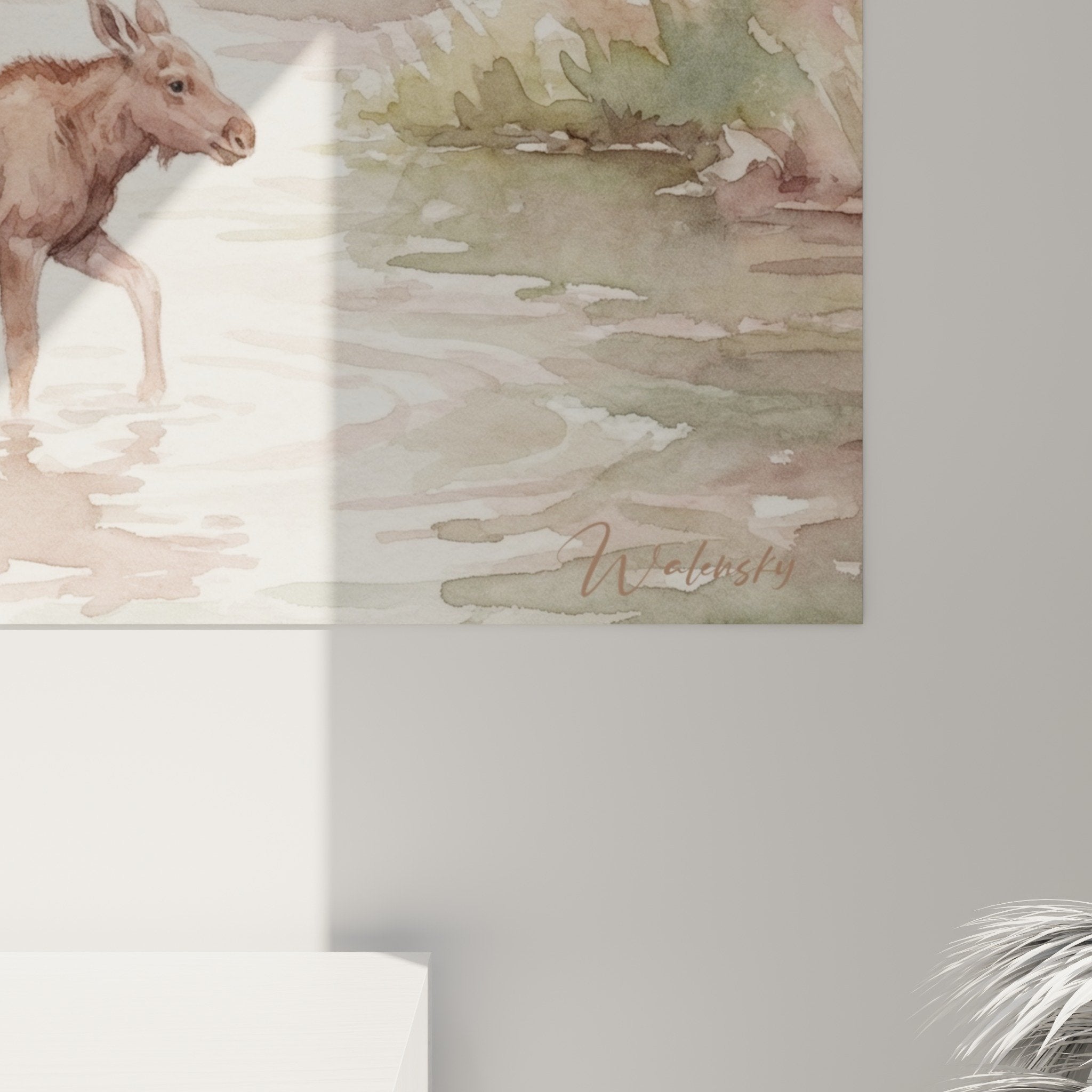 Gesamtansicht Elch-Familie Aquarell Gemälde Inneneinrichtung natürlicher beruhigender Stil