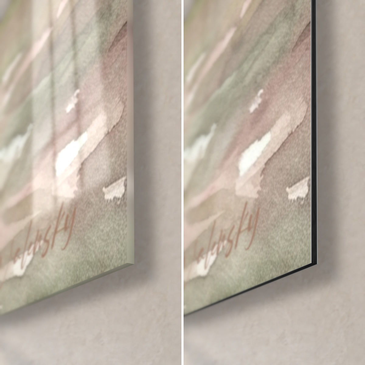 Gemälde Elchmutter mit Jungem, untere rechte Ecke: glänzendes Acrylglas links, mattschwarzes Dibond-Aluminium rechts, rosa und salbei