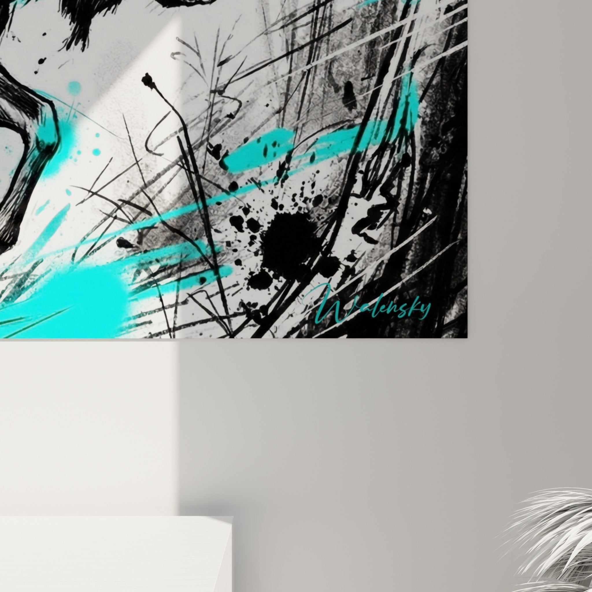 Gesamtansicht des grafischen Elch-Kunstdrucks in Schwarz und Türkis in modernem Interieur, Wanddekoration Natur