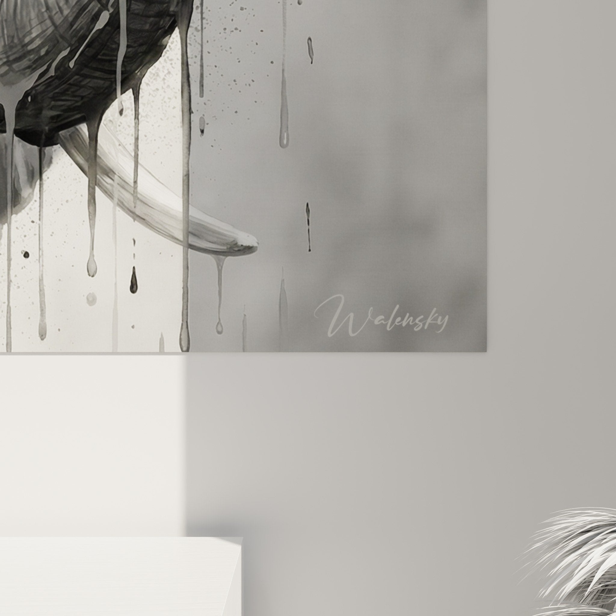 Vue ensemble tableau mural elephant urbain style graffiti ecoulures grises decoration moderne salon