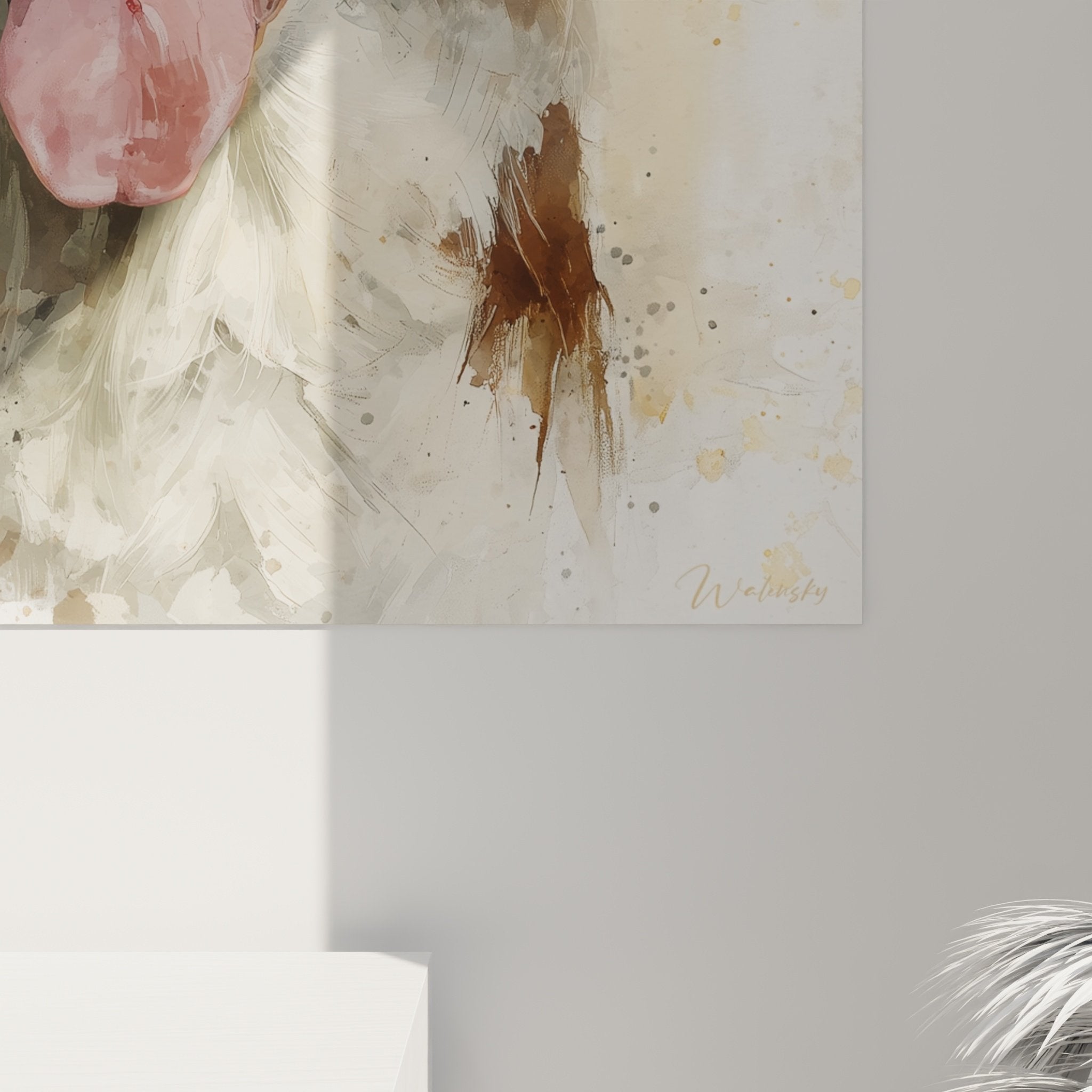 vista d'insieme quadro spaniel bretone acquerello ritratto cane felice decorazione interiore stile contemporaneo