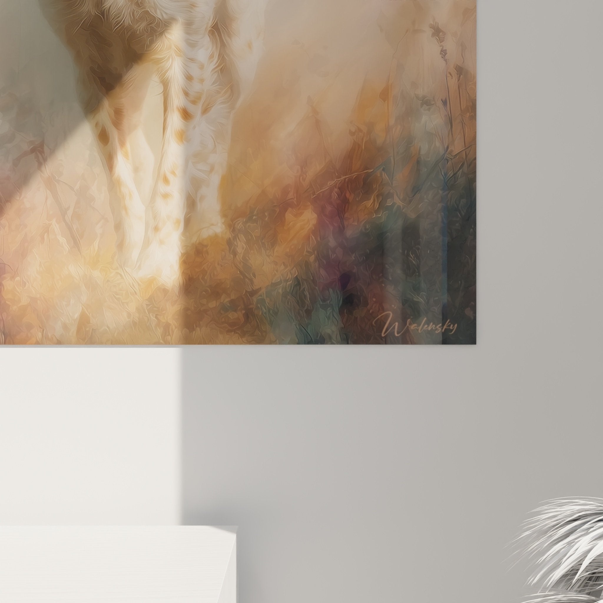 Vista d'insieme quadro spaniel bretone sfumature dorate viola arancio stile impressionista moderno