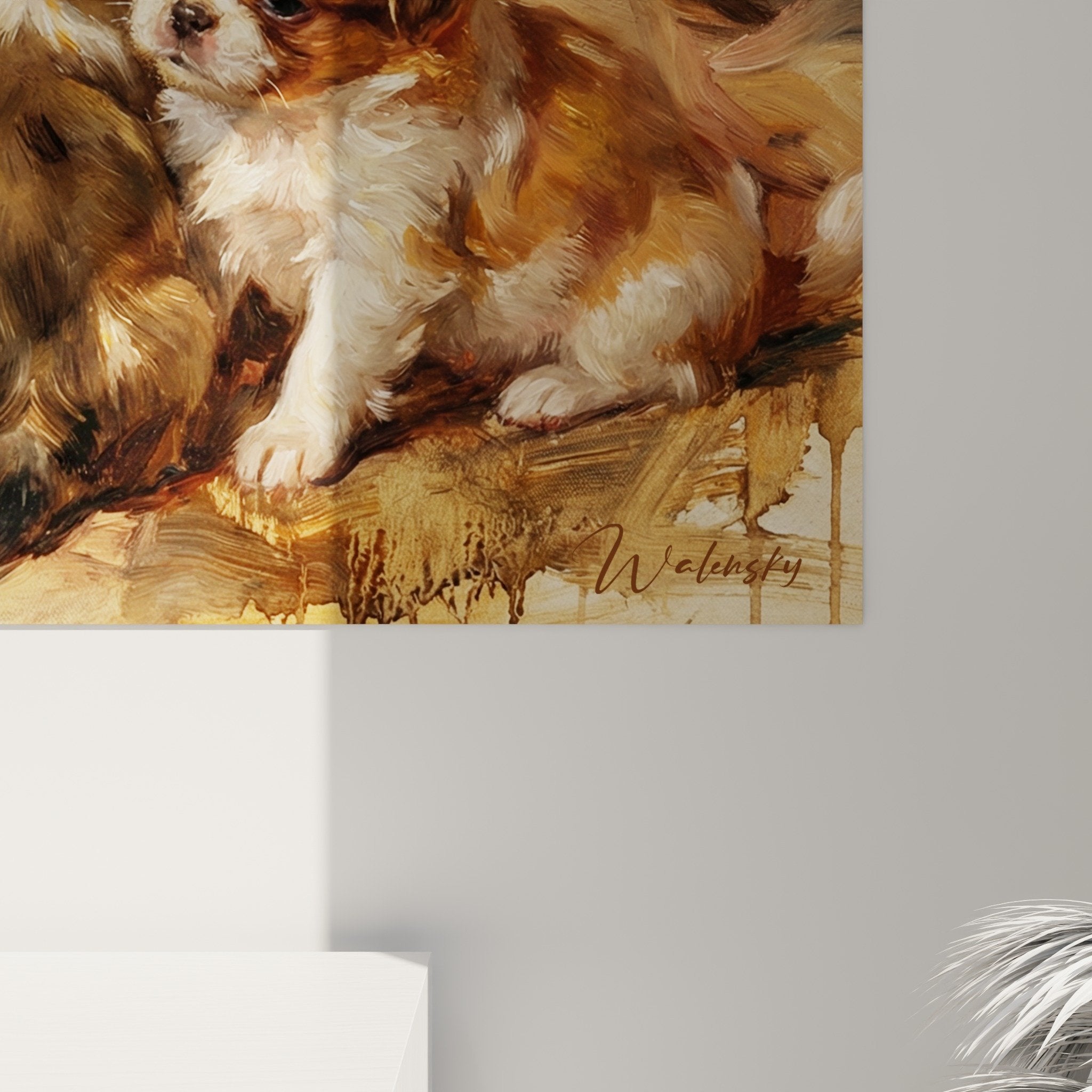 Vue ensemble tableau epagneul japonais scene familiale tons mordores decoration murale