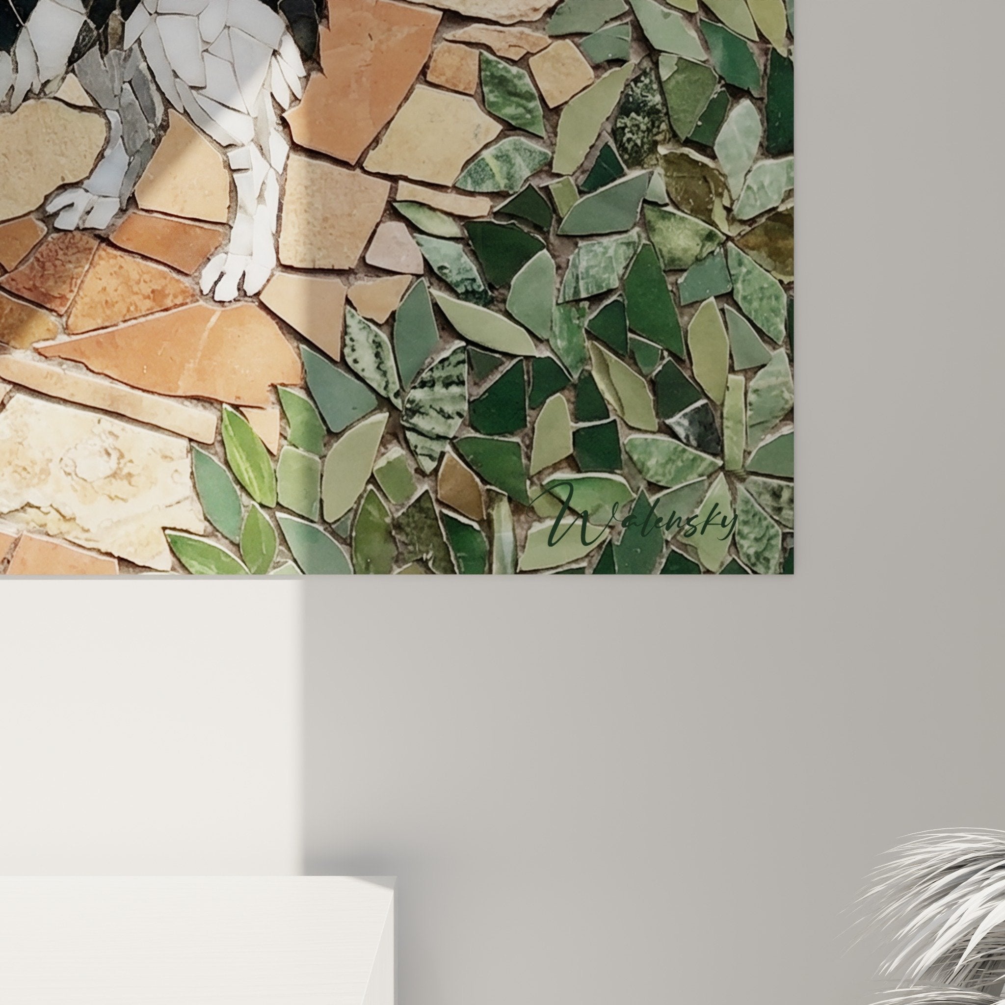 Vue ensemble tableau epagneul japonais decoration interieur mosaique jardin zen pierre ocre vegetation