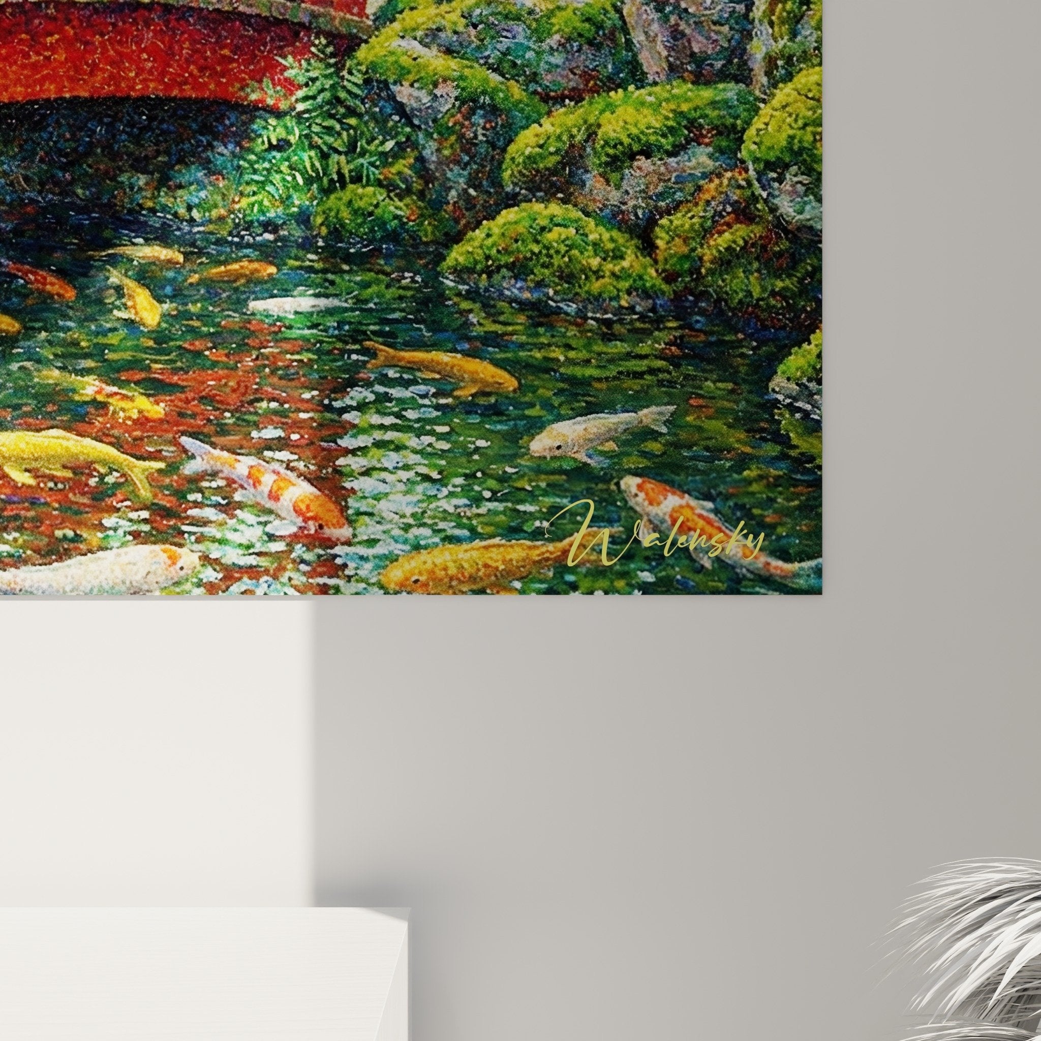 Japanese spaniel painting garden zen bridge red vegetation green interior decoration overall view