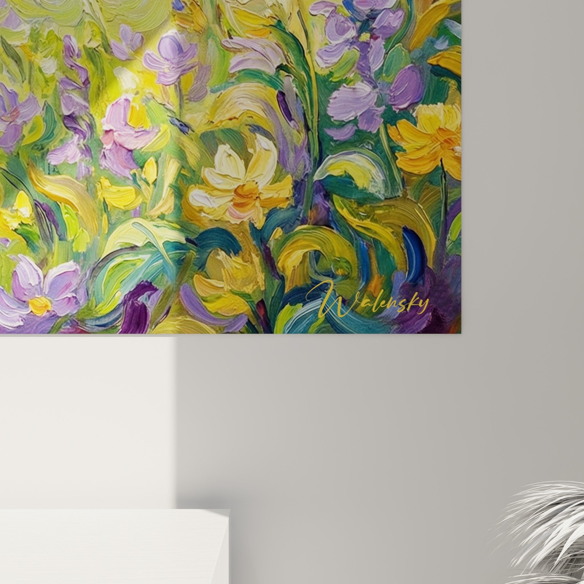 tableau mural epagneul japonais papillon jardin enchante tons pastel violet vert jaune decoration artistique