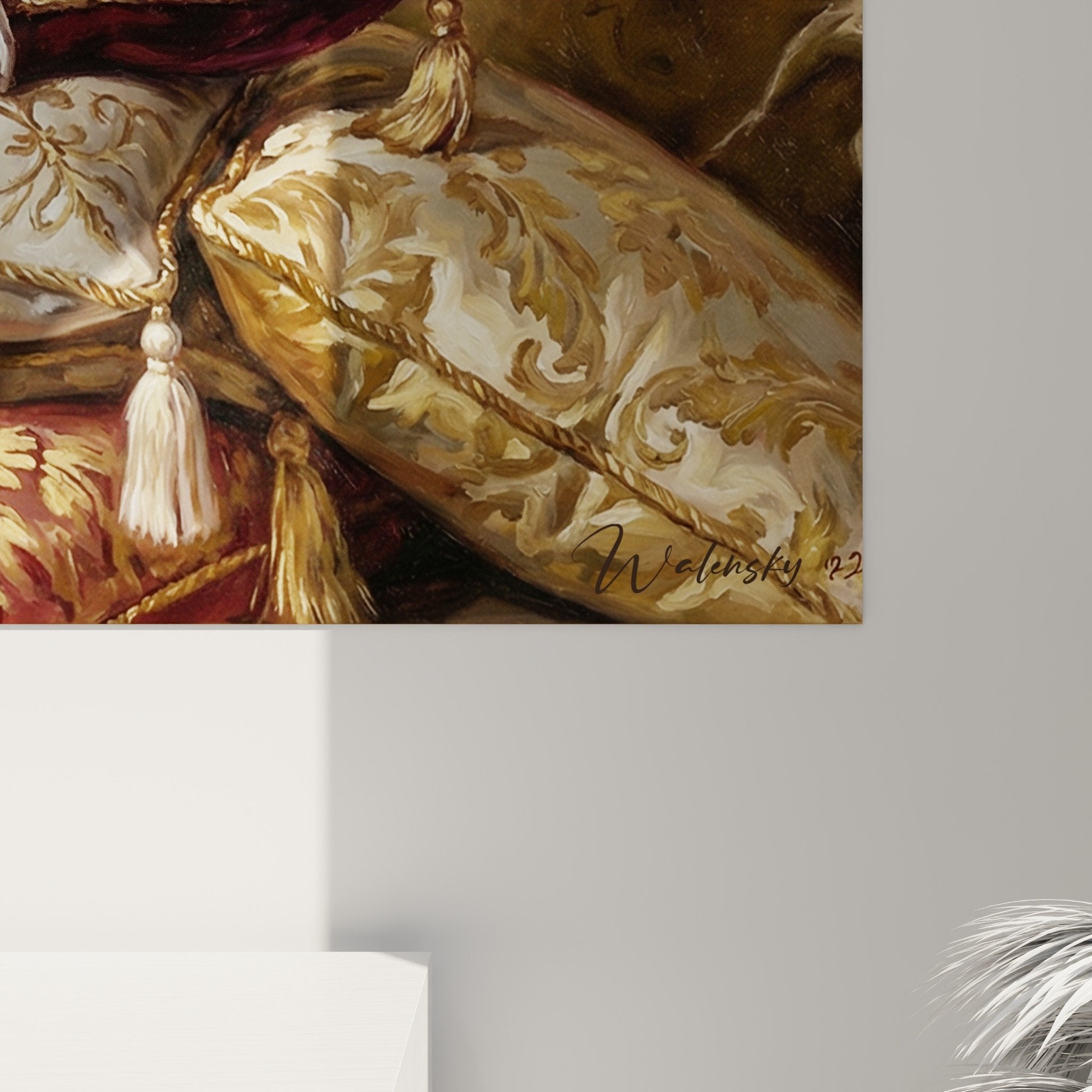 vue ensemble tableau epagneul japonais royal coussins palace decoration interieur elegant noble