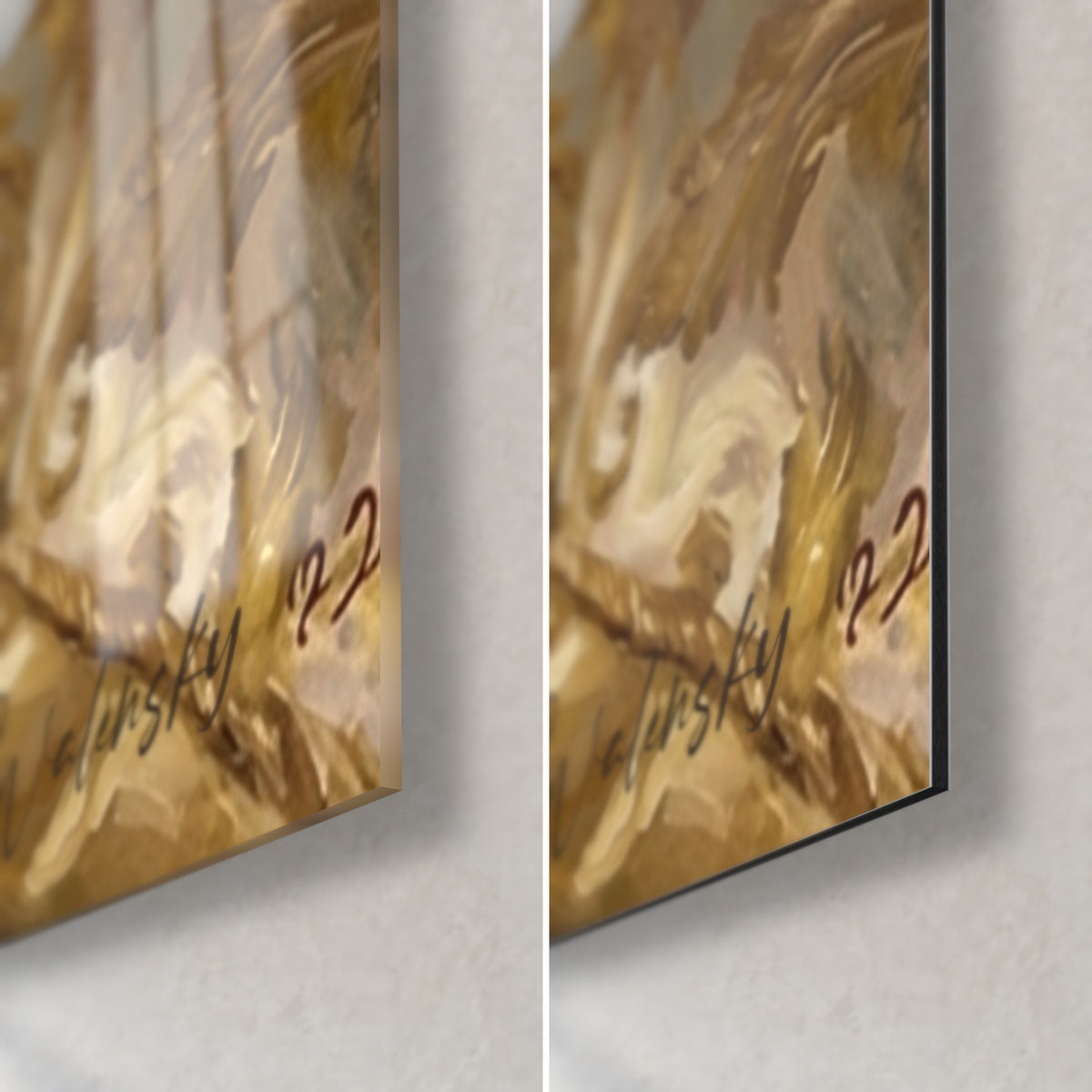 Schilderij Klein hondje met diadeem, rechtsonder: glanzend acrylglas links, mat okergoud Dibond-aluminium rechts, 3 mm rand