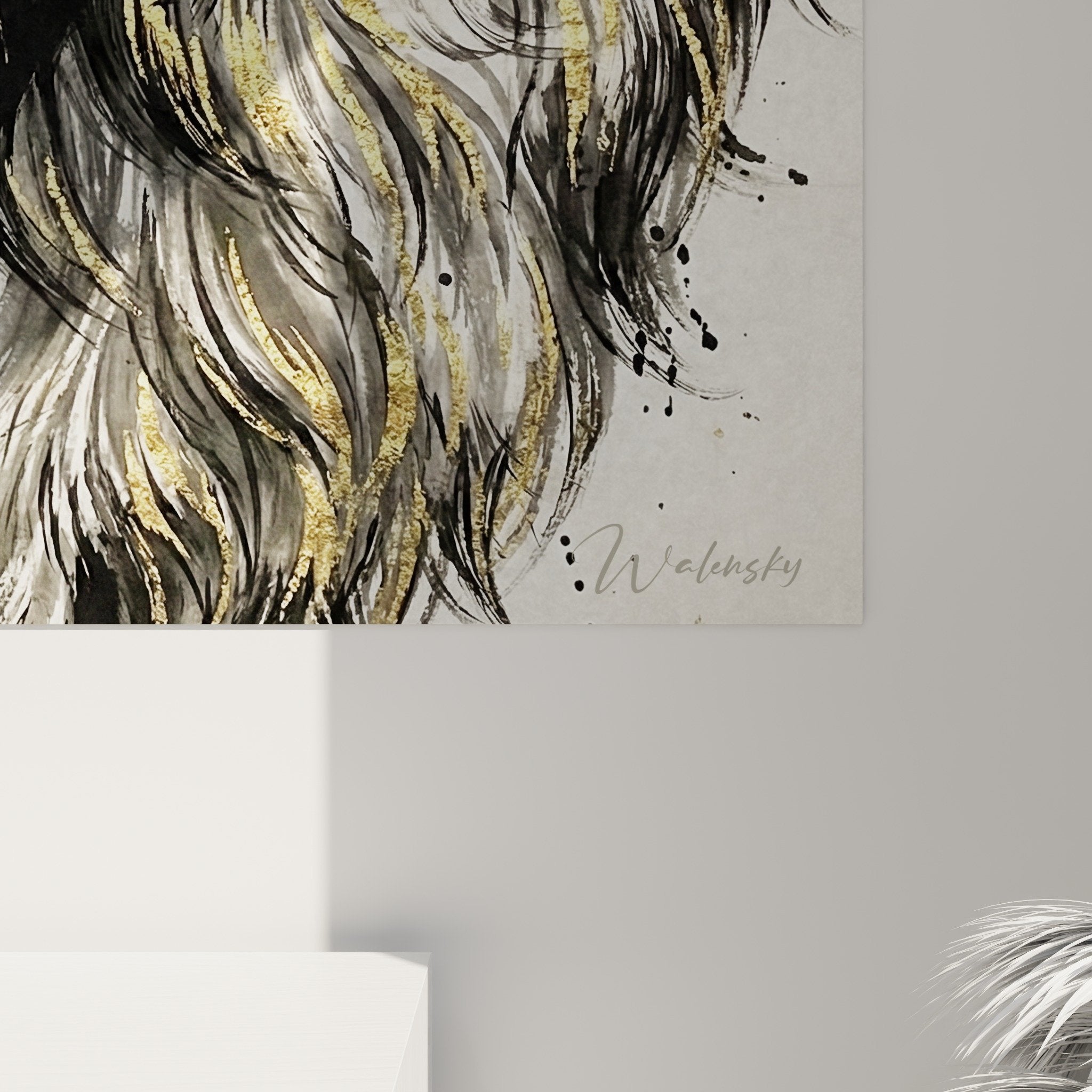 Vue ensemble tableau mural Epagneul Japonais style artistique noir blanc or salon moderne decoration