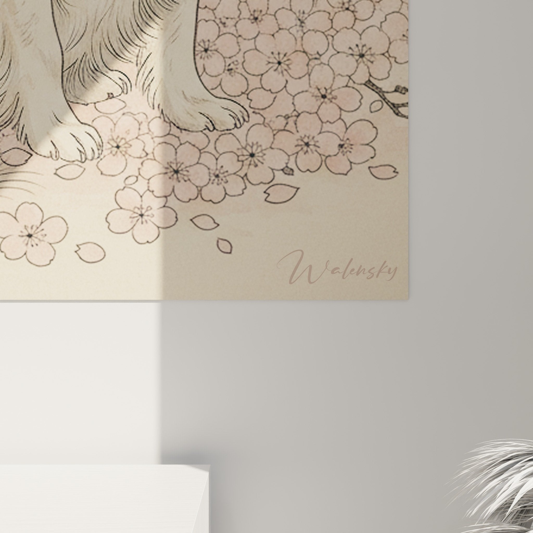 Japanese spaniel painting wall art with Japanese cherry blossom flowers pink roses