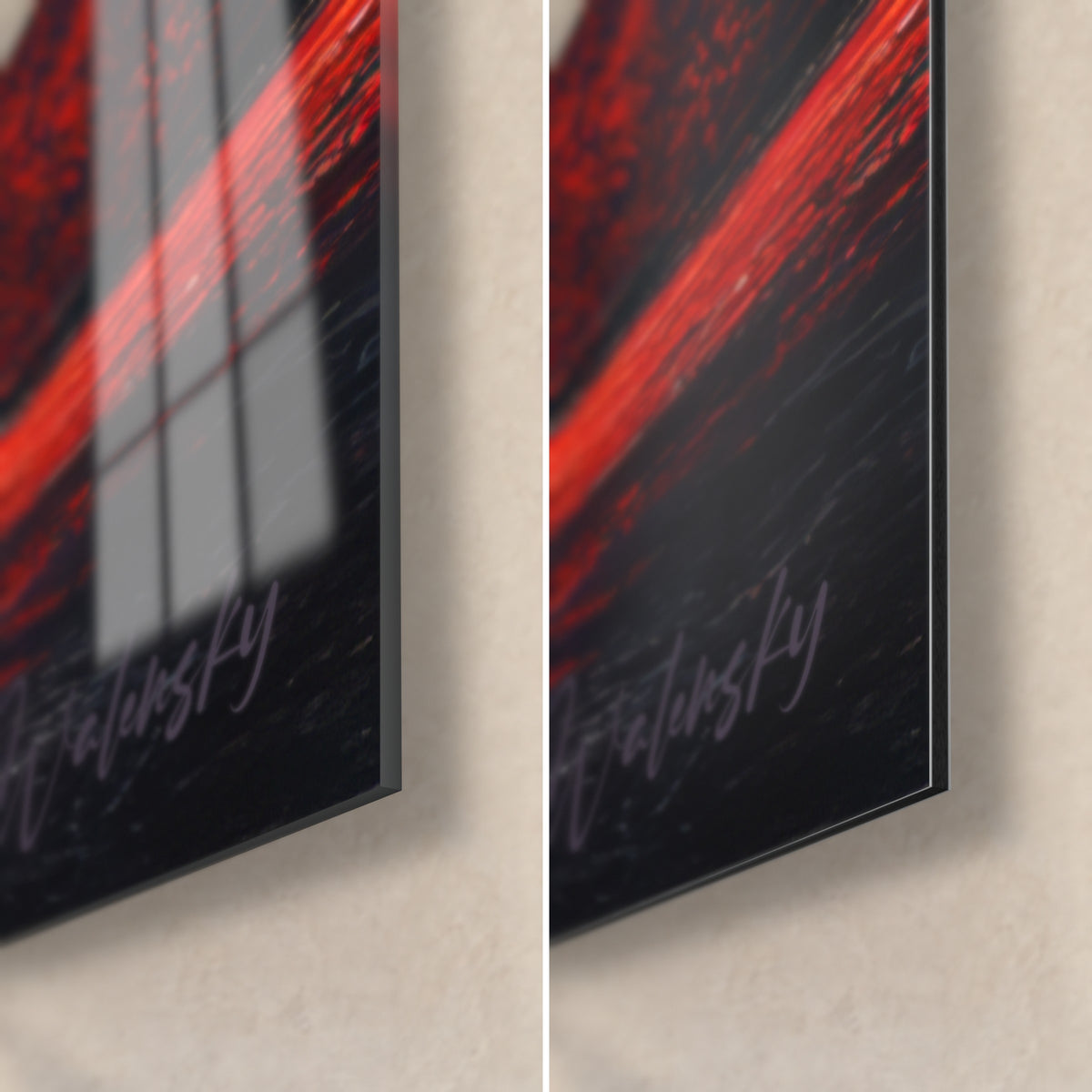 Πίνακας έκρηξης με κόκκινες γραμμές σε μαύρο φόντο, κάτω δεξιά γωνία: γυαλιστερό γυαλί αριστερά, ματ Dibond δεξιά
