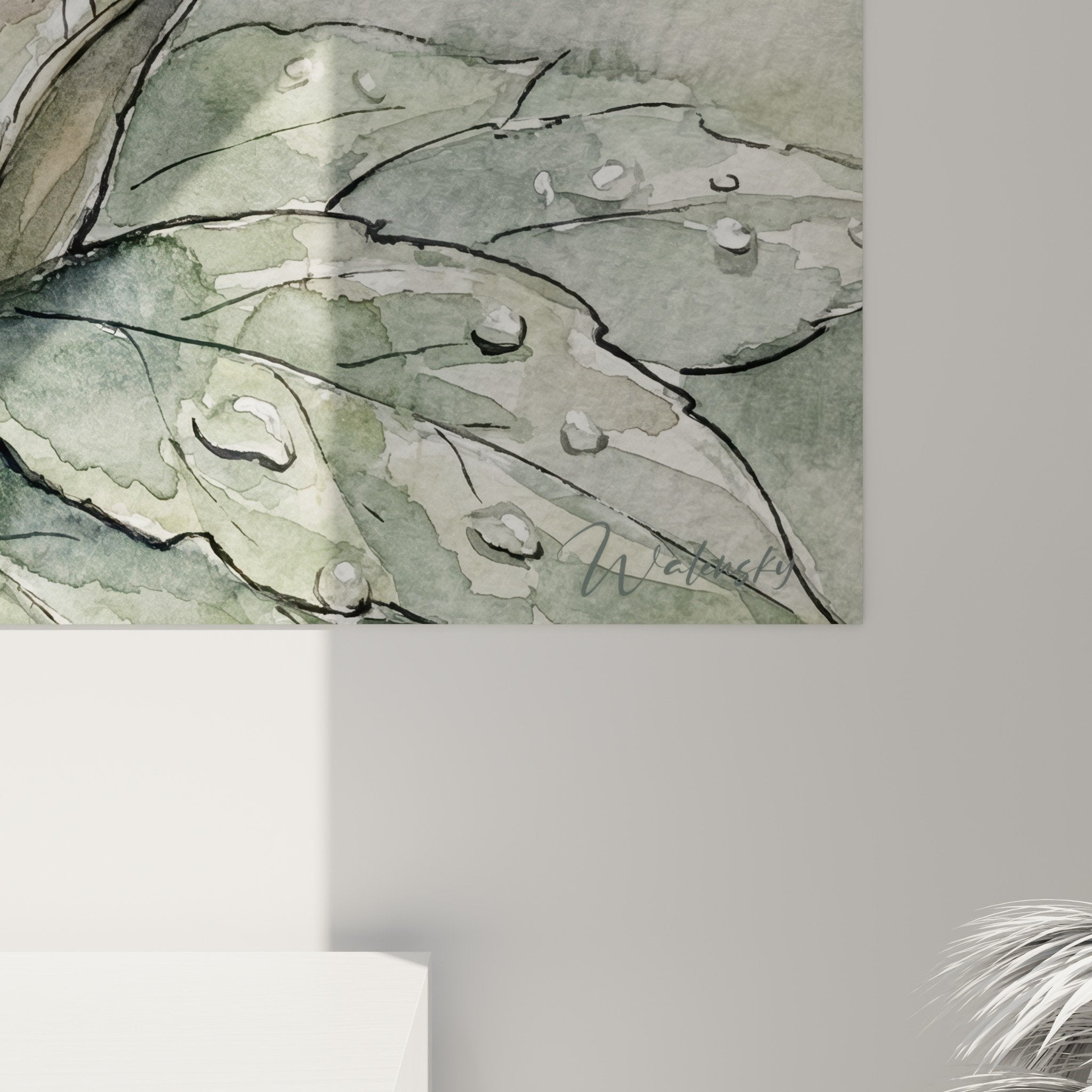 Vue ensemble tableau escargot aquarelle, illustration naturaliste feuilles vertes, art mural nature zen