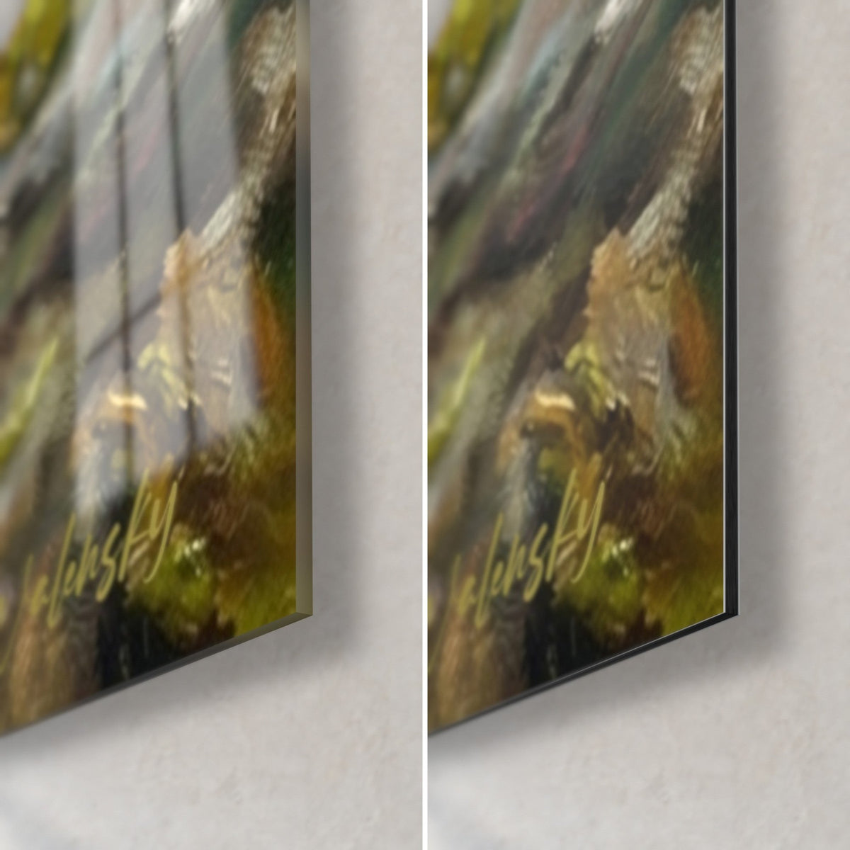 Wall art snail with purple shell and gold signature, bottom right corner: glossy acrylic glass with reflections, matte black Dibond aluminum, 3 mm edge