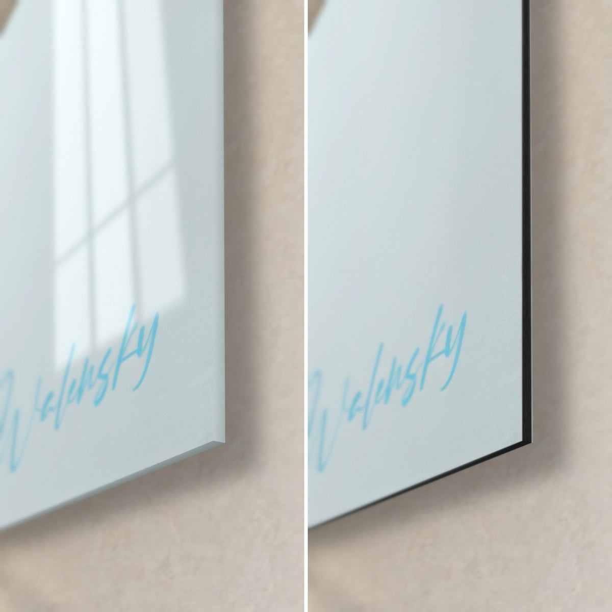 Wall art blue marlin in ink blue, turquoise signature bottom right, glossy acrylic glass on the left, matte Dibond aluminum on the right, black edge