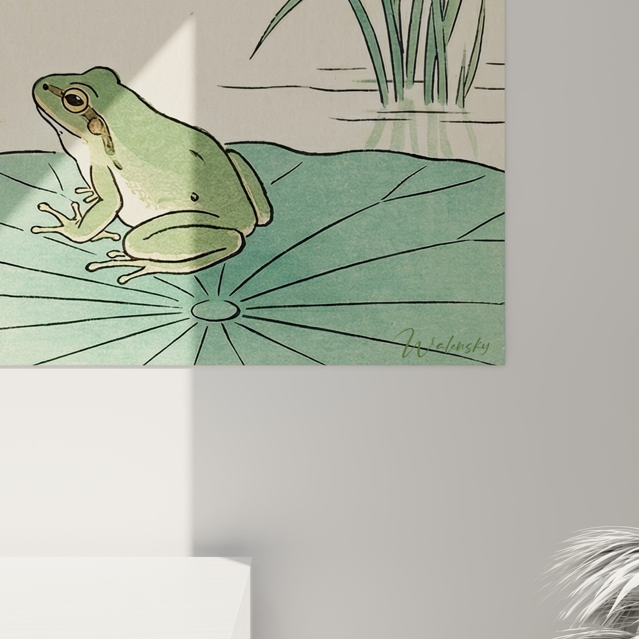 Full view zen pond frog reeds painting beige green palette soothing wall decoration