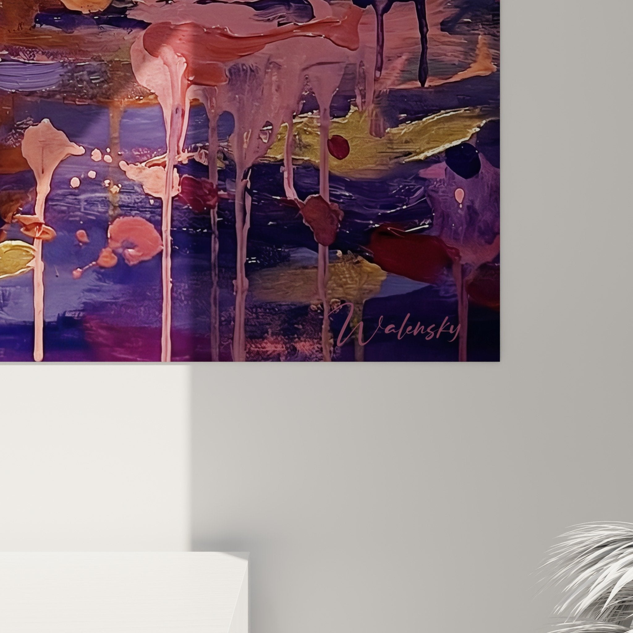 Vue ensemble tableau etoile de mer expressionniste couleurs violettes roses dorees art mural contemporain