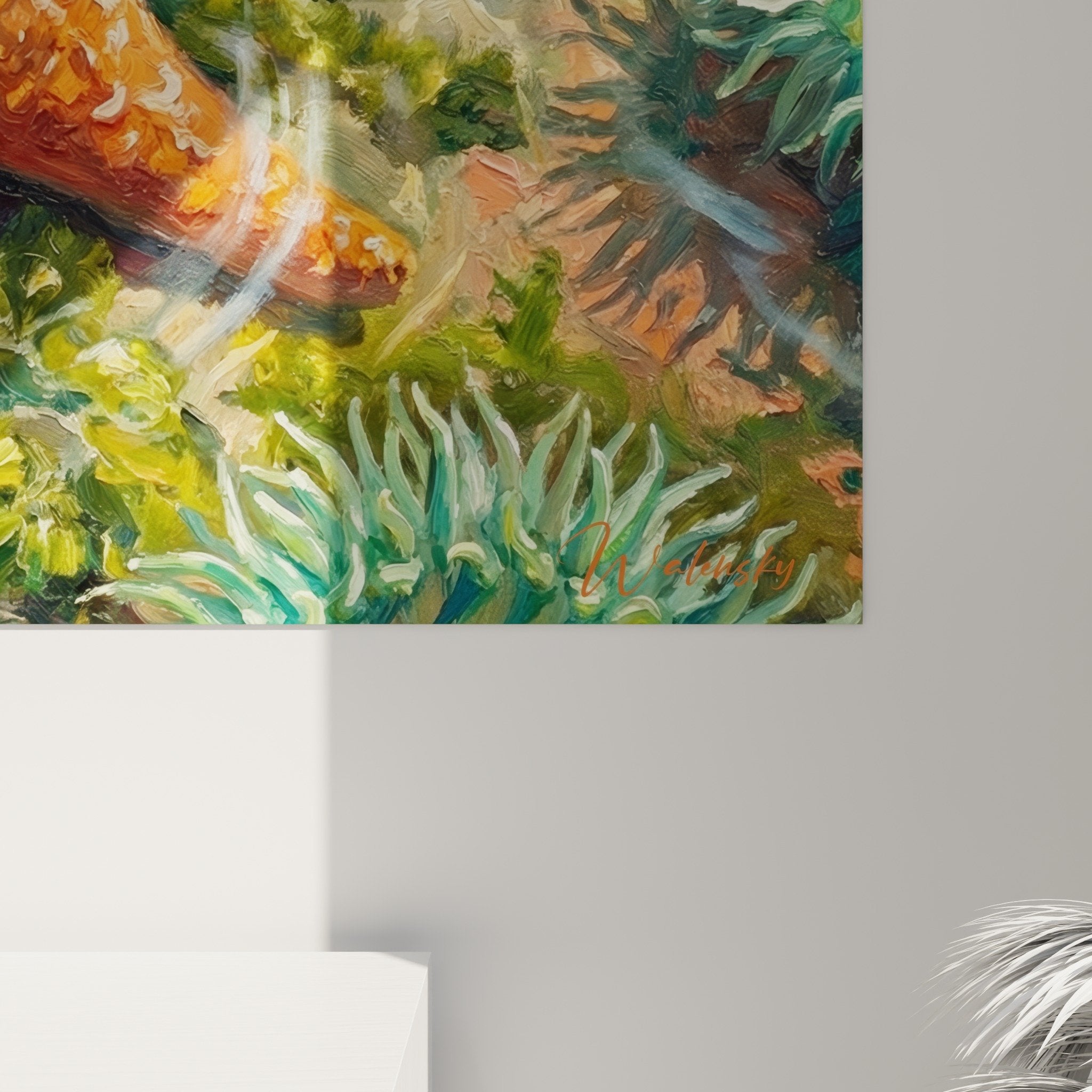 Gesamtansicht Gemälde orange Seestern natürlicher Lebensraum Anemonen marine dekorative Komposition