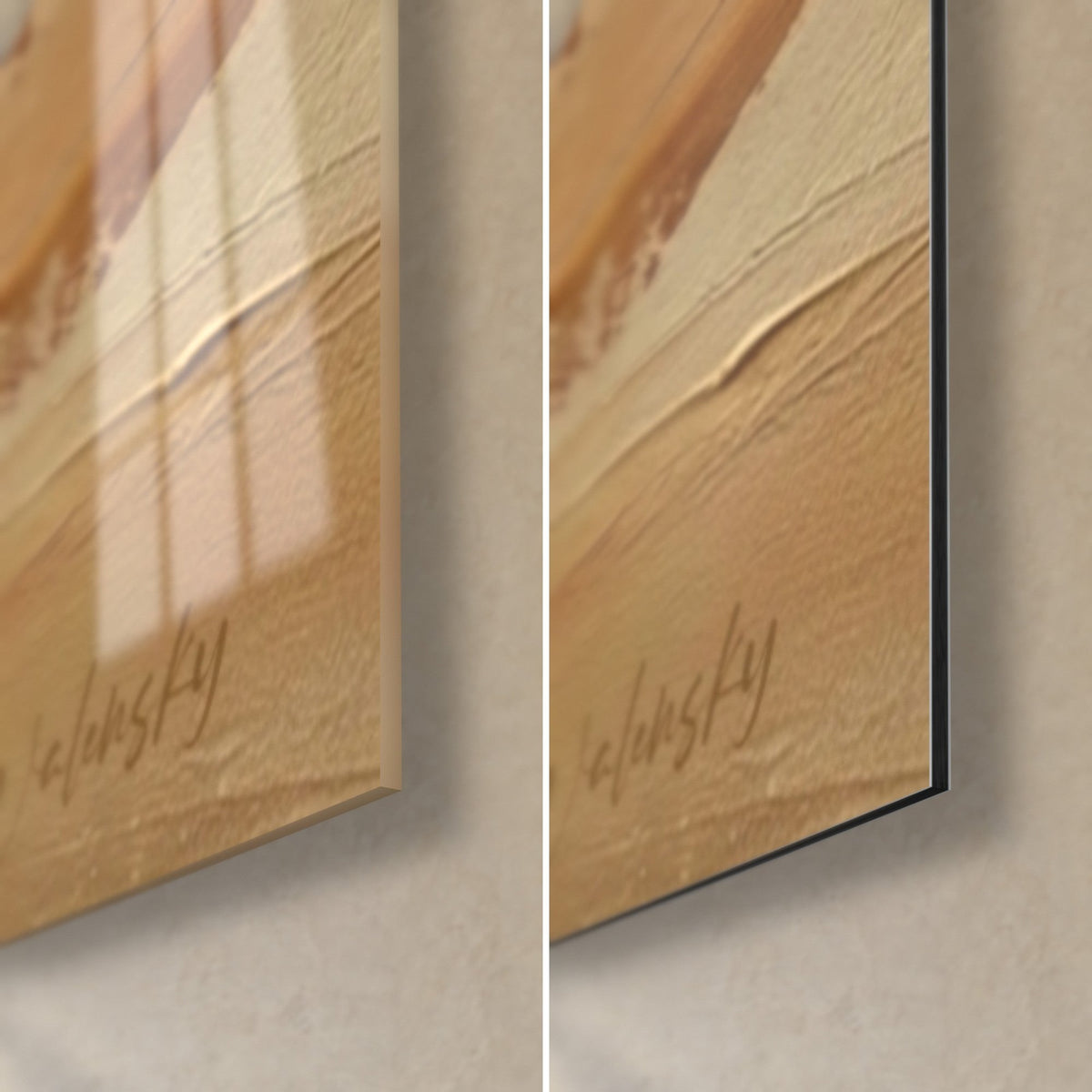 Gemälde abstrakter Seestern in Ocker und Rost, untere rechte Ecke: glänzendes Acrylglas links, matt gebürstetes Dibond rechts, 3 mm Kante