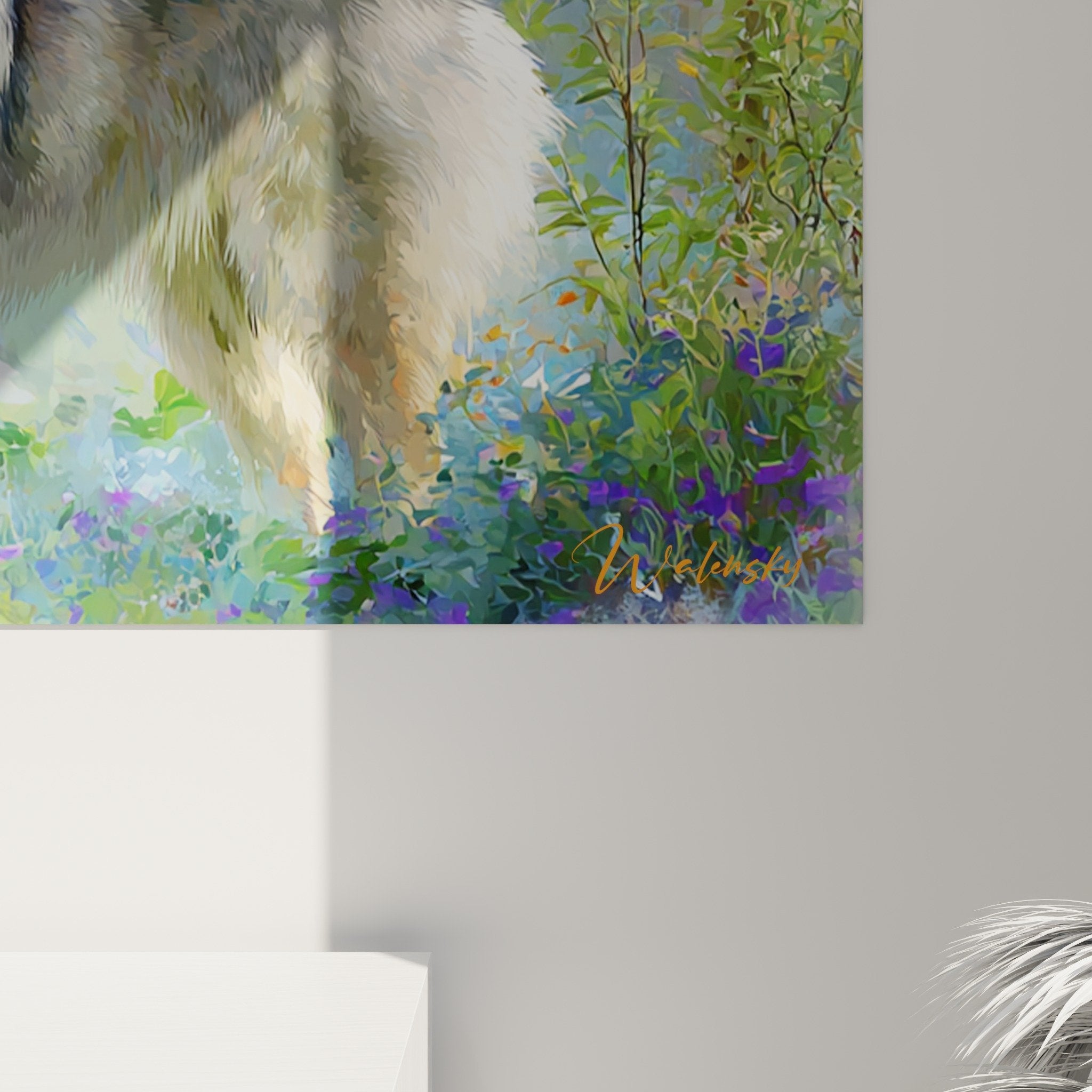 Vue ensemble tableau Eurasier jardin fleuri, composition florale violette et verte harmonieuse