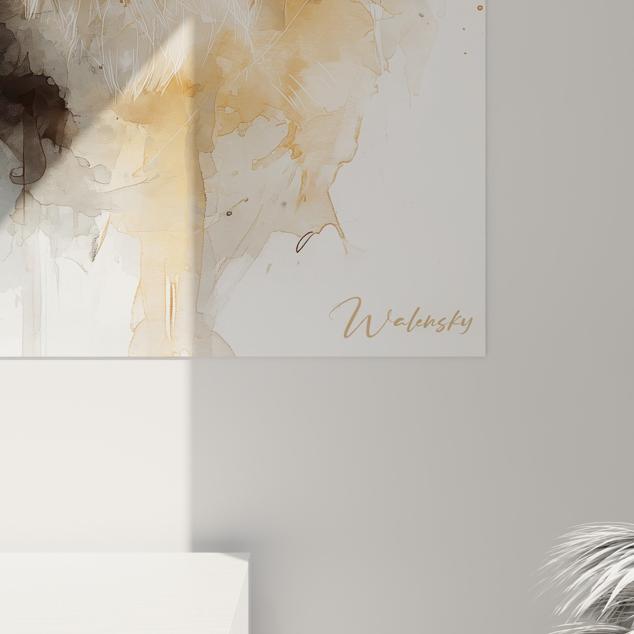 Vista d'insieme quadro Eurasier acquerello dorato interior contemporaneo decorazione murale elegante