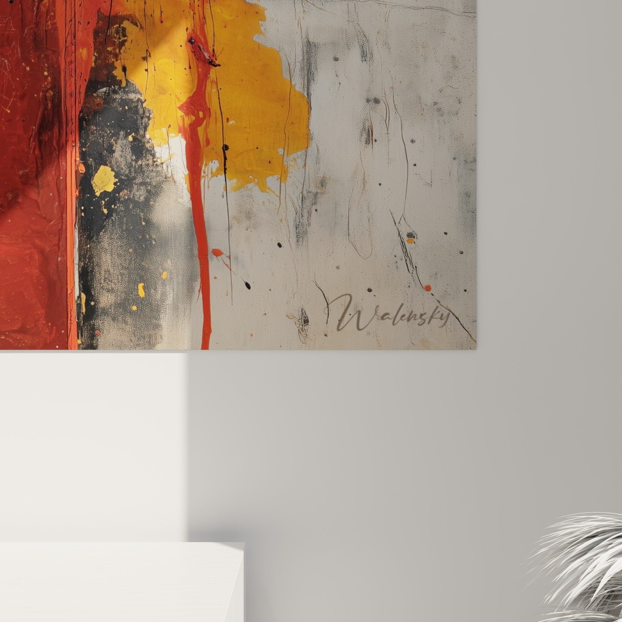 Vue ensemble tableau explosion coloree rouge orange salon decoration feng shui sud feu