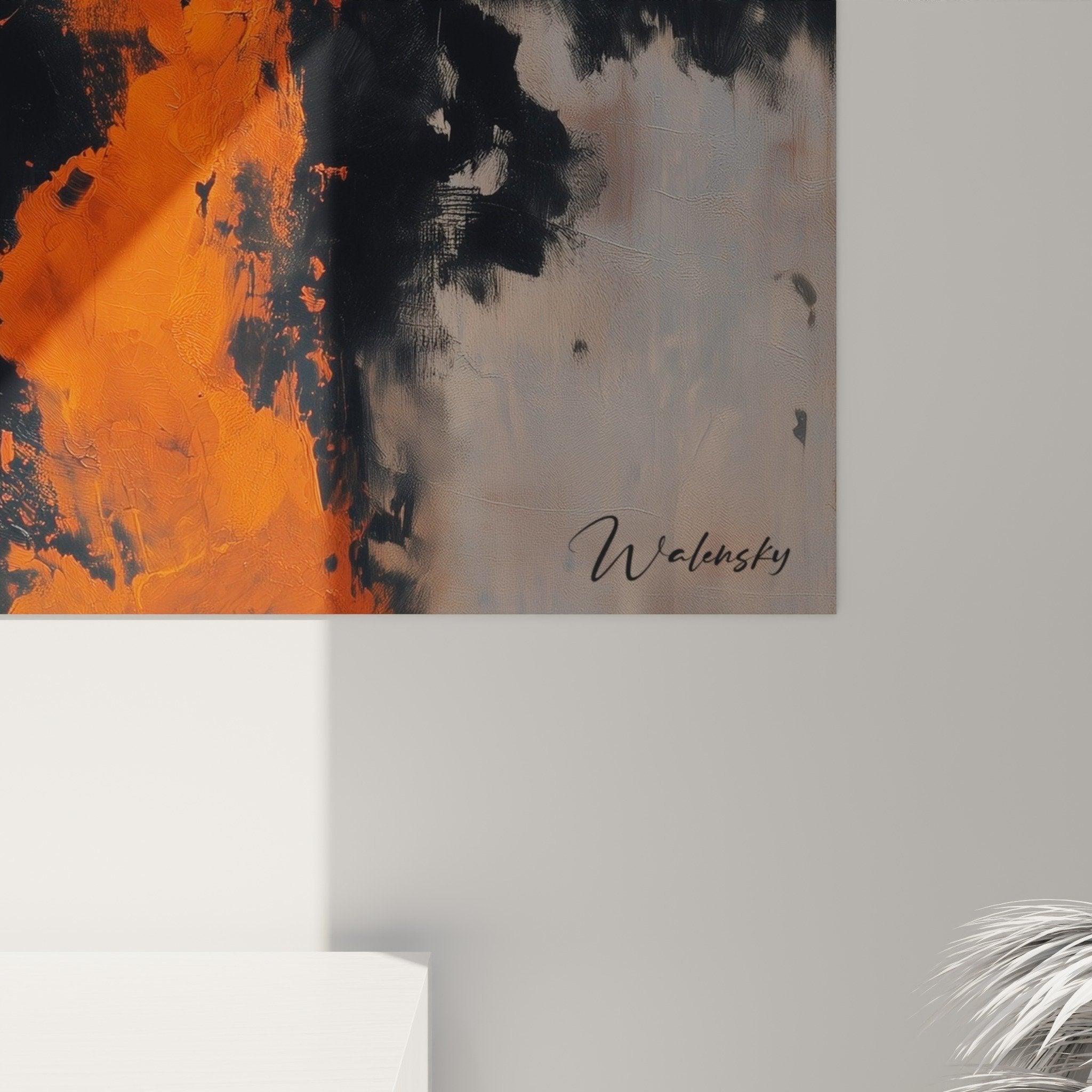 vue ensemble tableau abstrait explosion orange noir decoration interieur feng shui sud feu