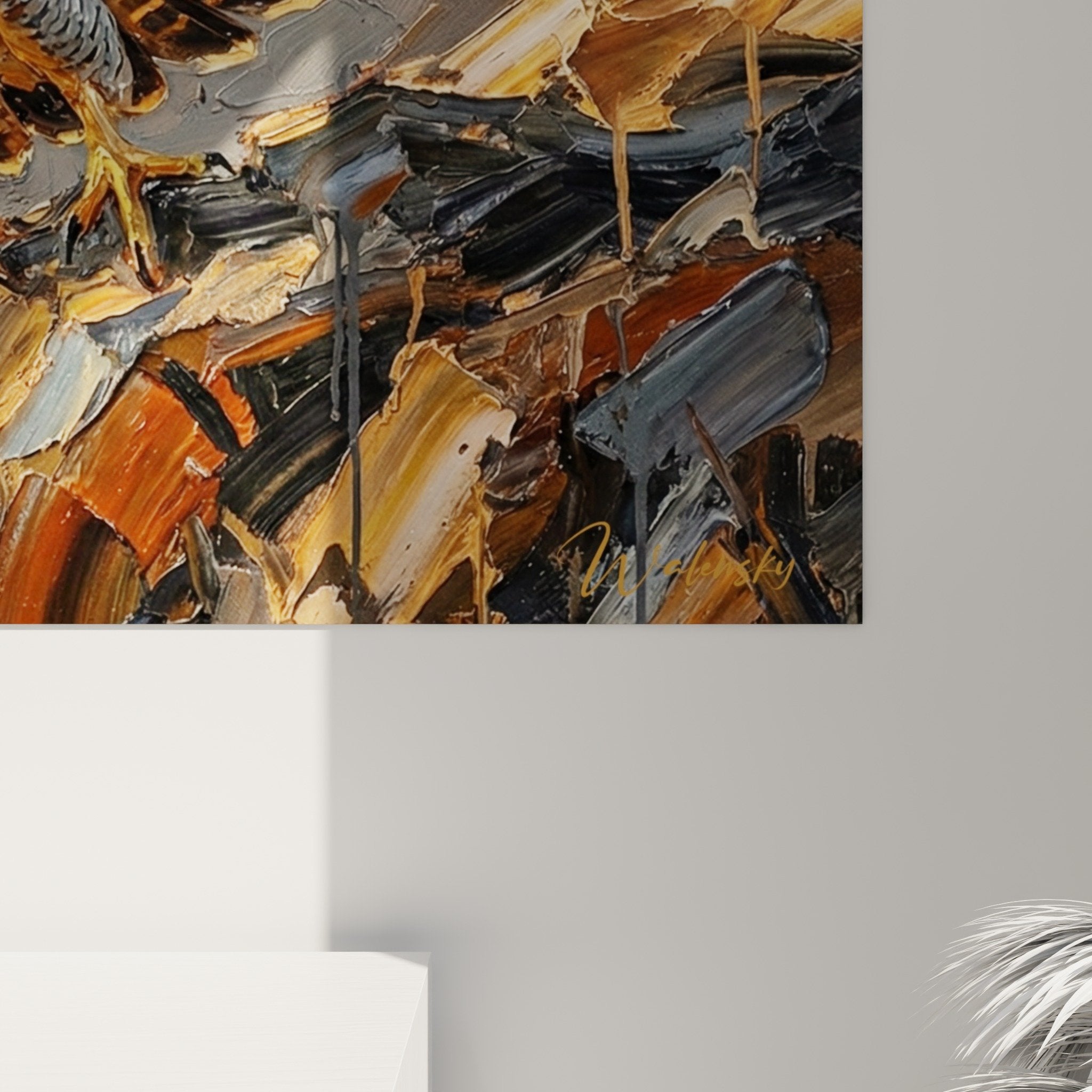 Vue ensemble tableau faucon decoration murale style contemporain couleurs terre