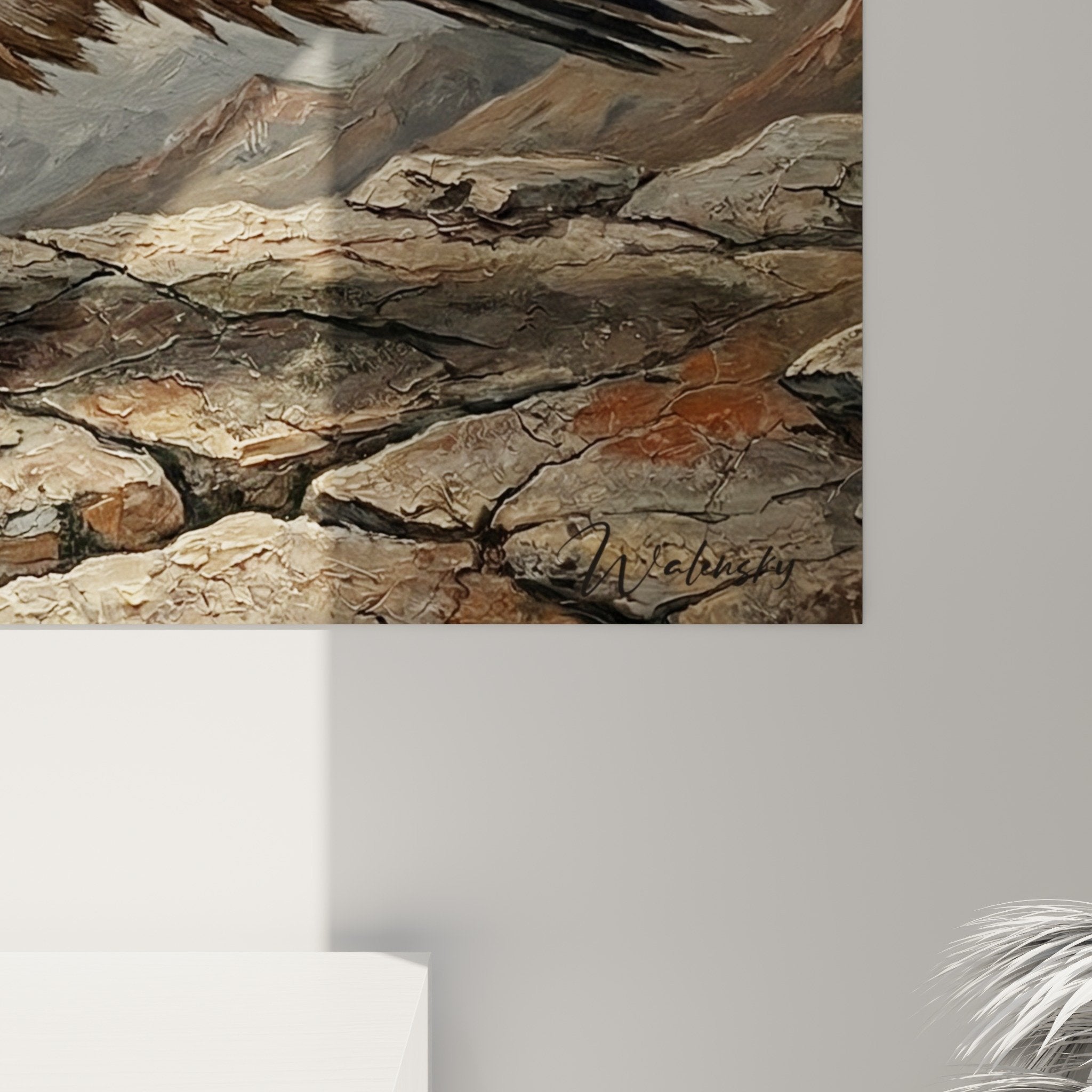 Overall view falcon rock mountain painting natural beige ochre tones misty atmosphere peaks in background