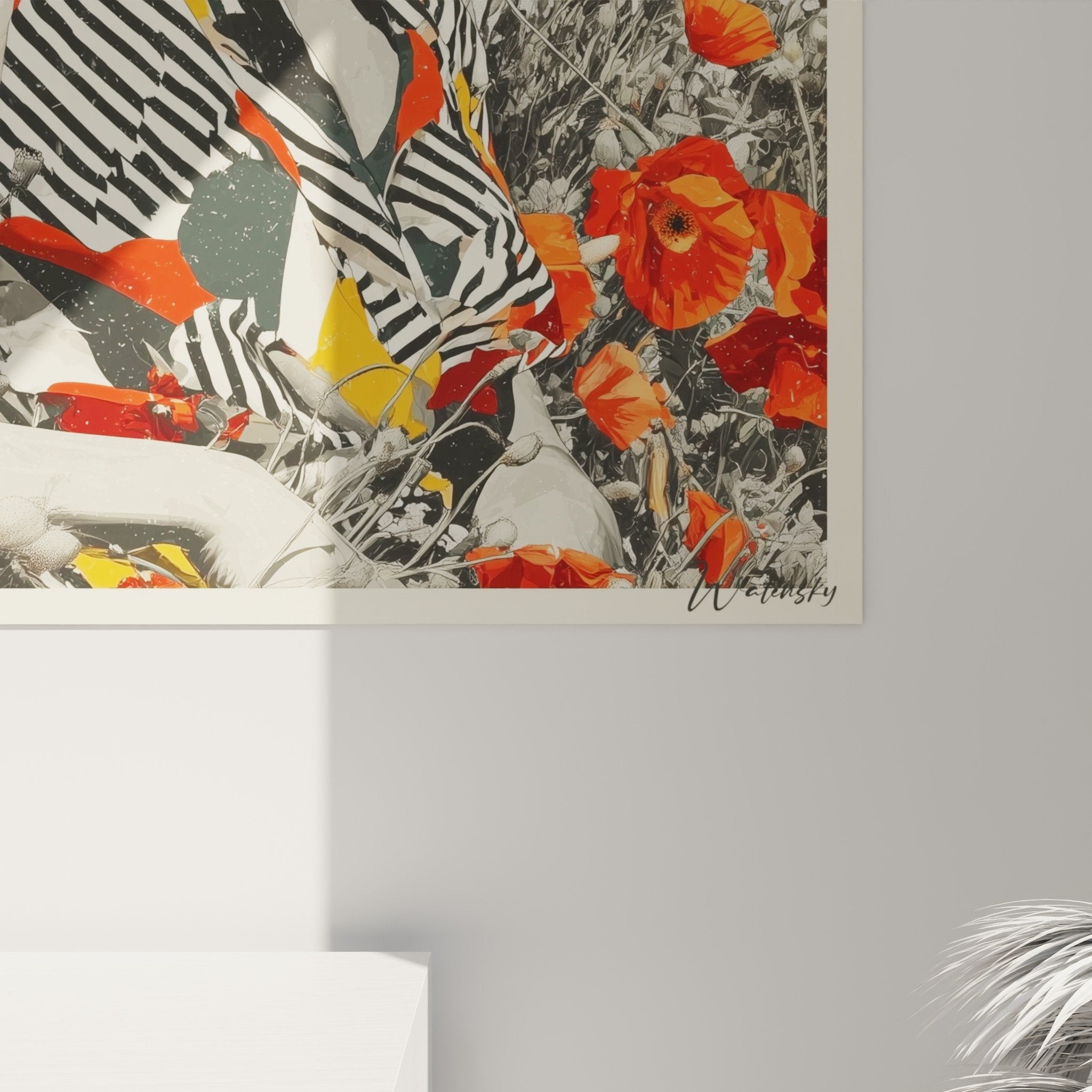 Vue ensemble tableau femme coquelicots art geometrique decoration murale contemporaine palette rouge turquoise orange
