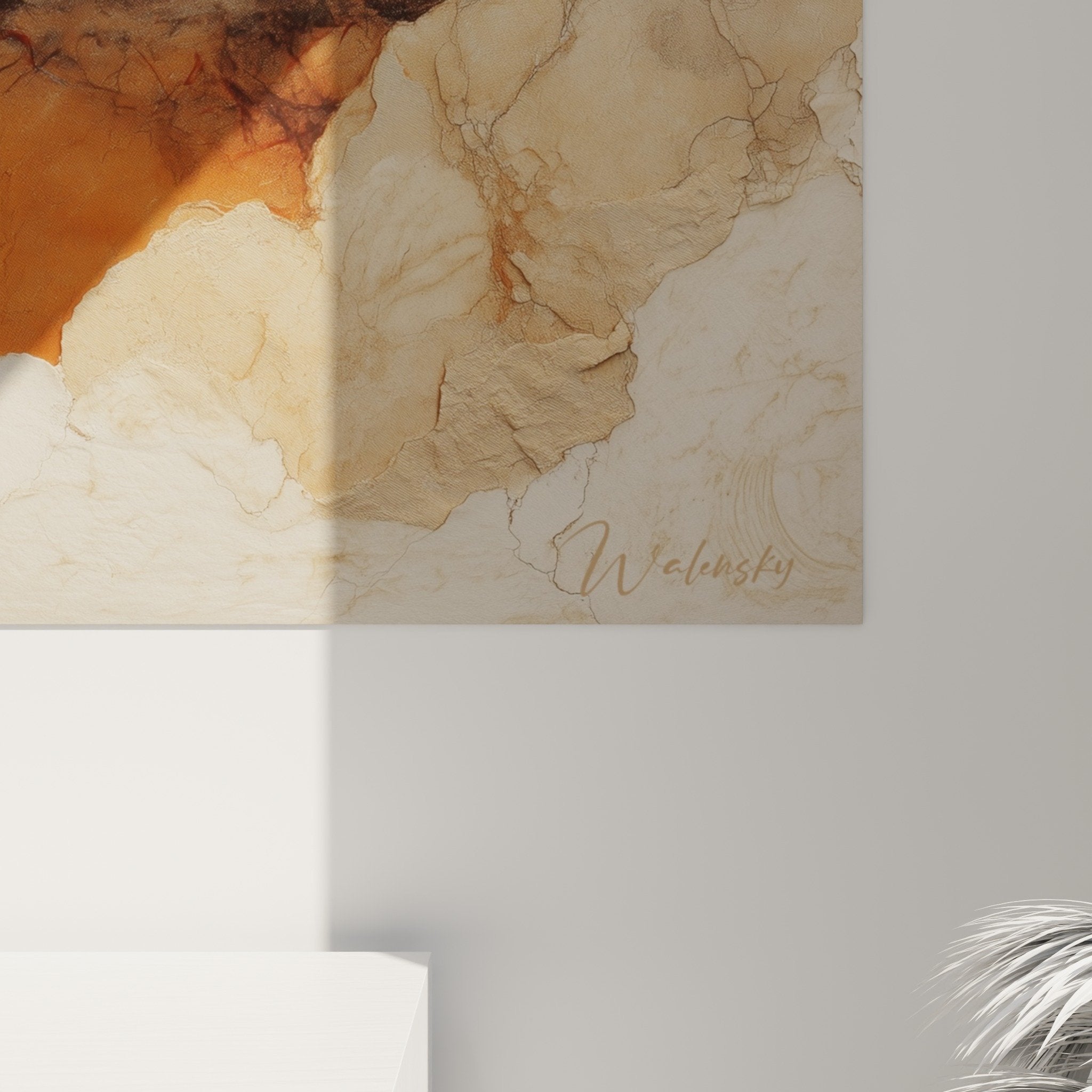 Overall view feng shui trees cliff painting ochre beige tones natural wall decoration zen