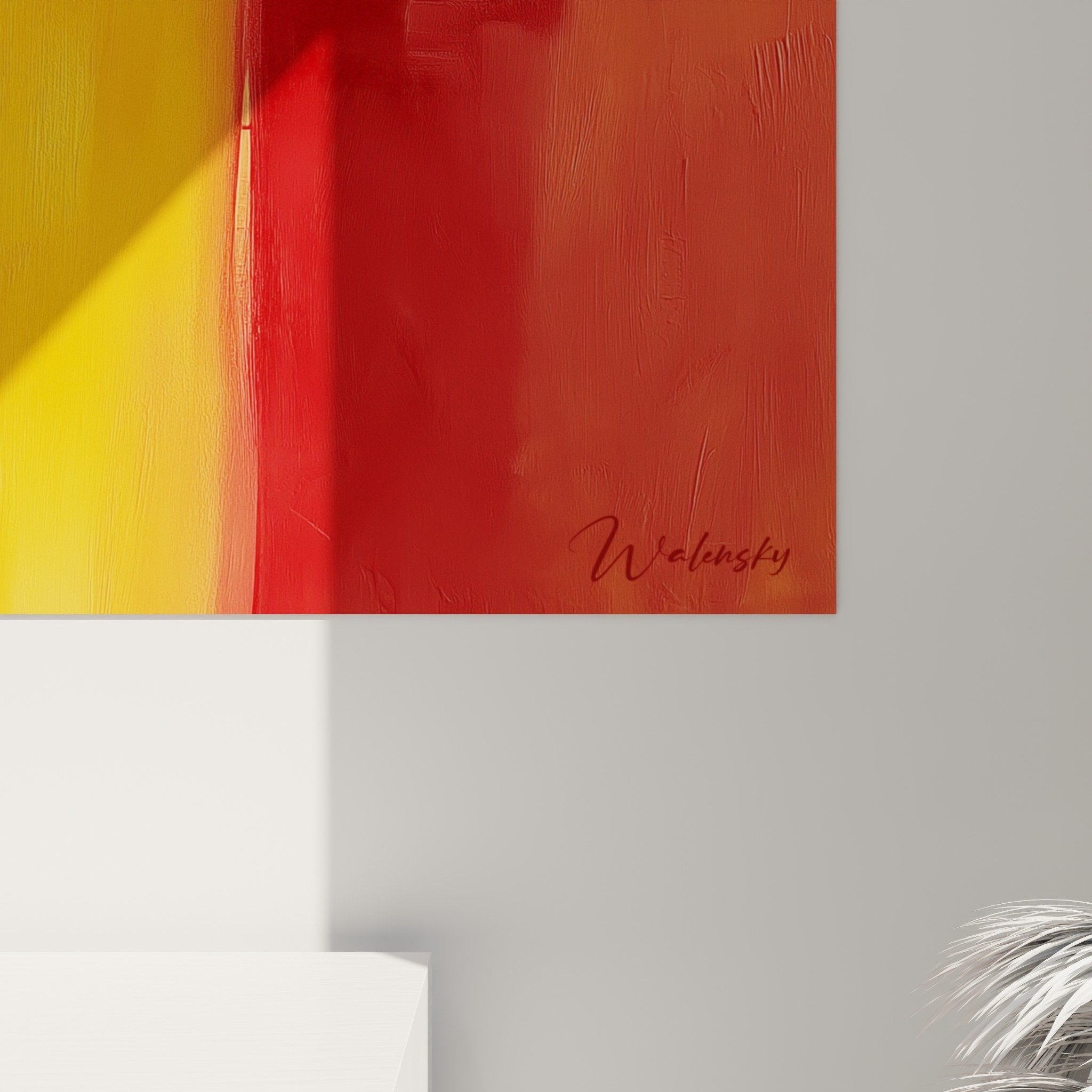 vue ensemble tableau abstrait feng shui sud feu composition rouge orange jaune salon