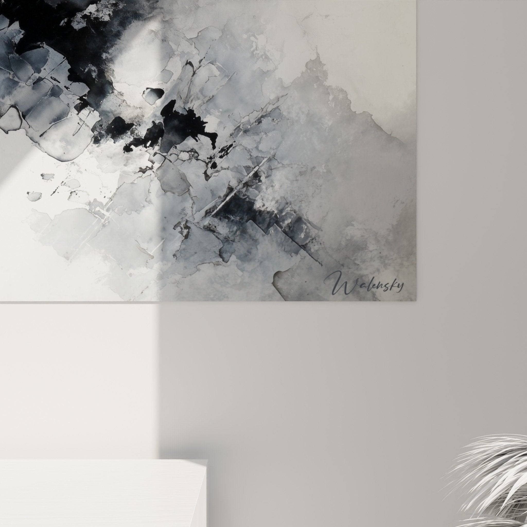 Vue ensemble tableau feng shui ouest metal abstrait noir gris decoration murale moderne interieur