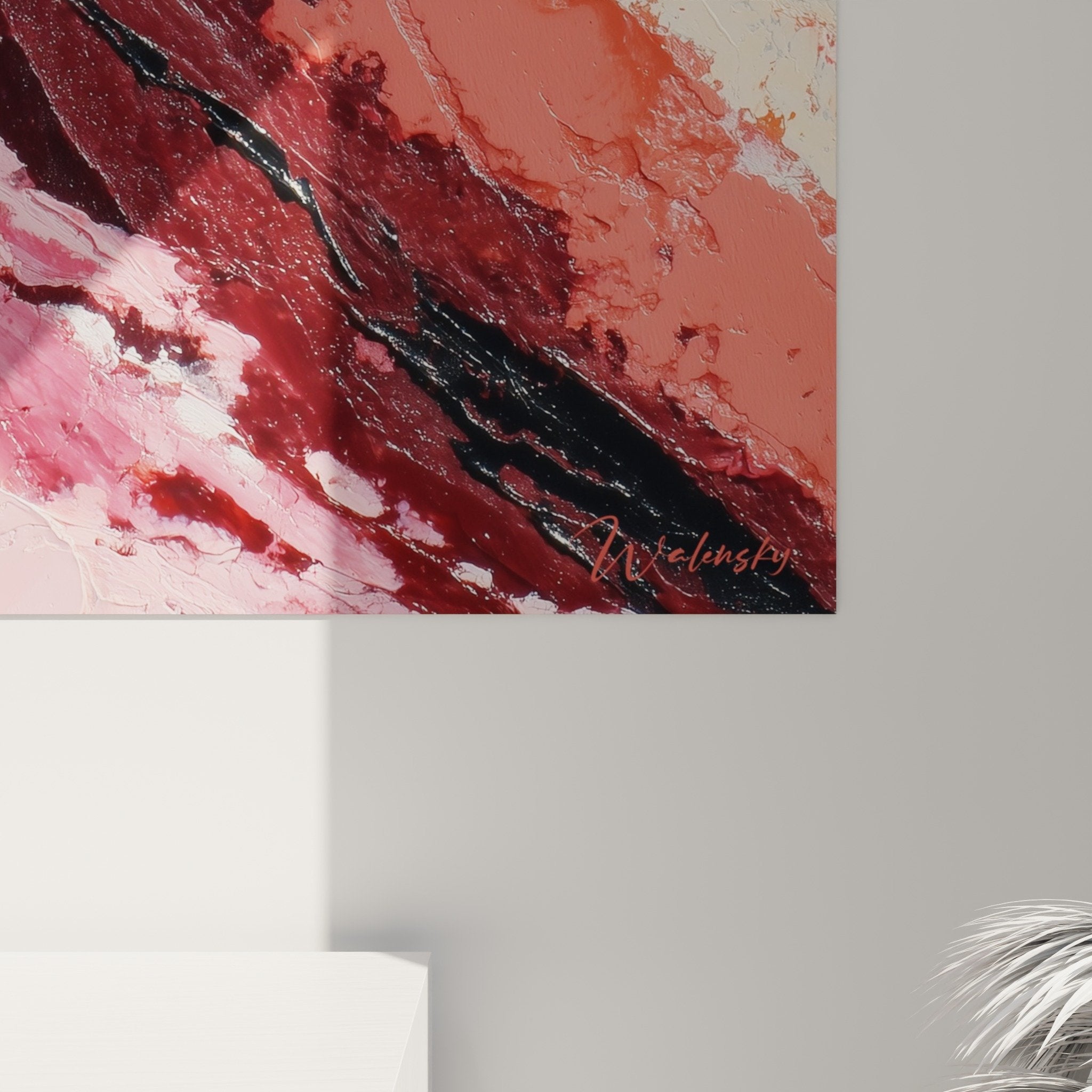 Vue ensemble tableau abstrait feng shui sud-ouest couleurs terre rose decoration murale