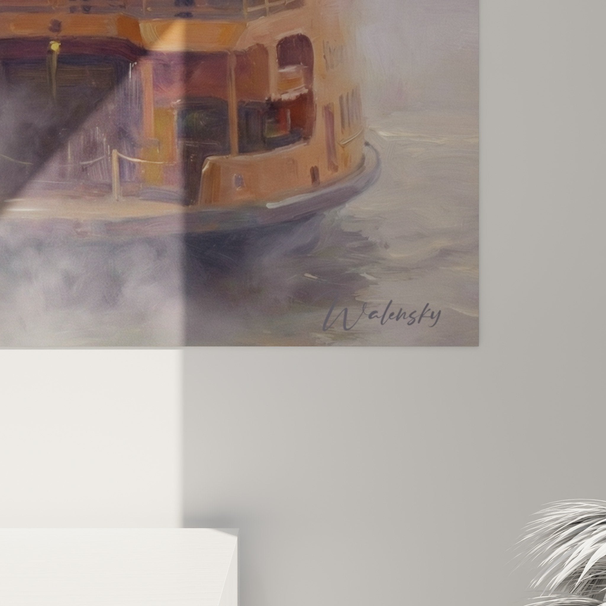 Vue ensemble tableau ferry brumeux tons oranges violets decoration interieure moderne Saten Island