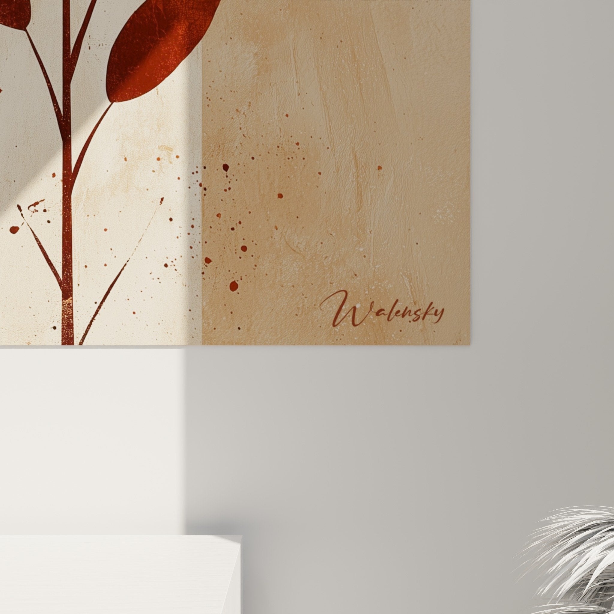 Vue ensemble tableau feuillage orange cercle beige decoration murale feng shui centre terre