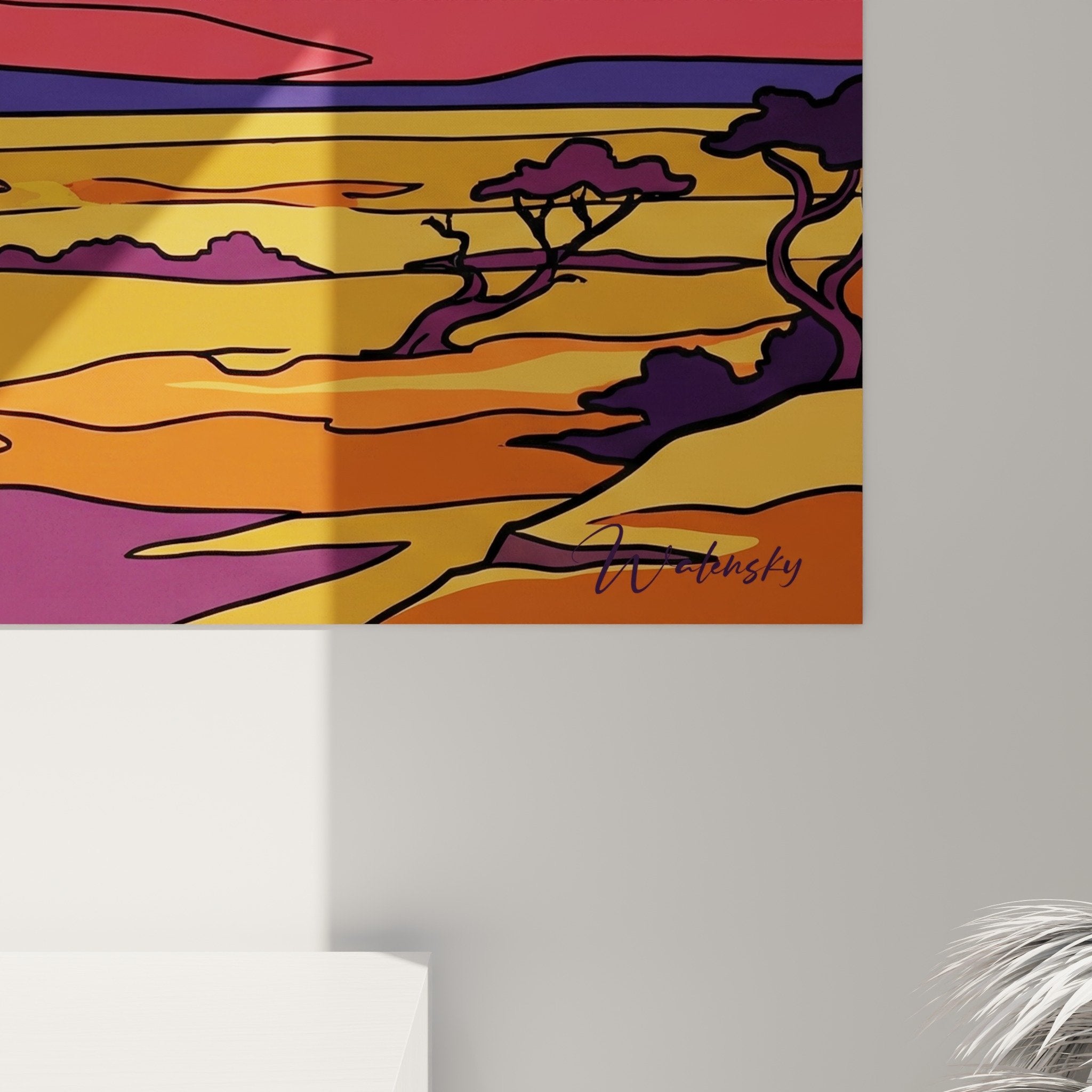 Vue ensemble tableau mural Fila Brasileiro paysage desert coucher soleil tons chauds decoration
