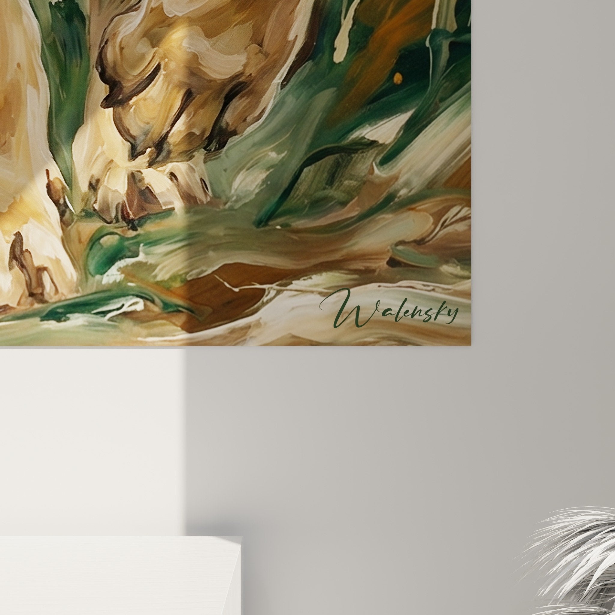 Full view of Fila Brasileiro artwork living room decor ochre green tones natural ambiance wall art